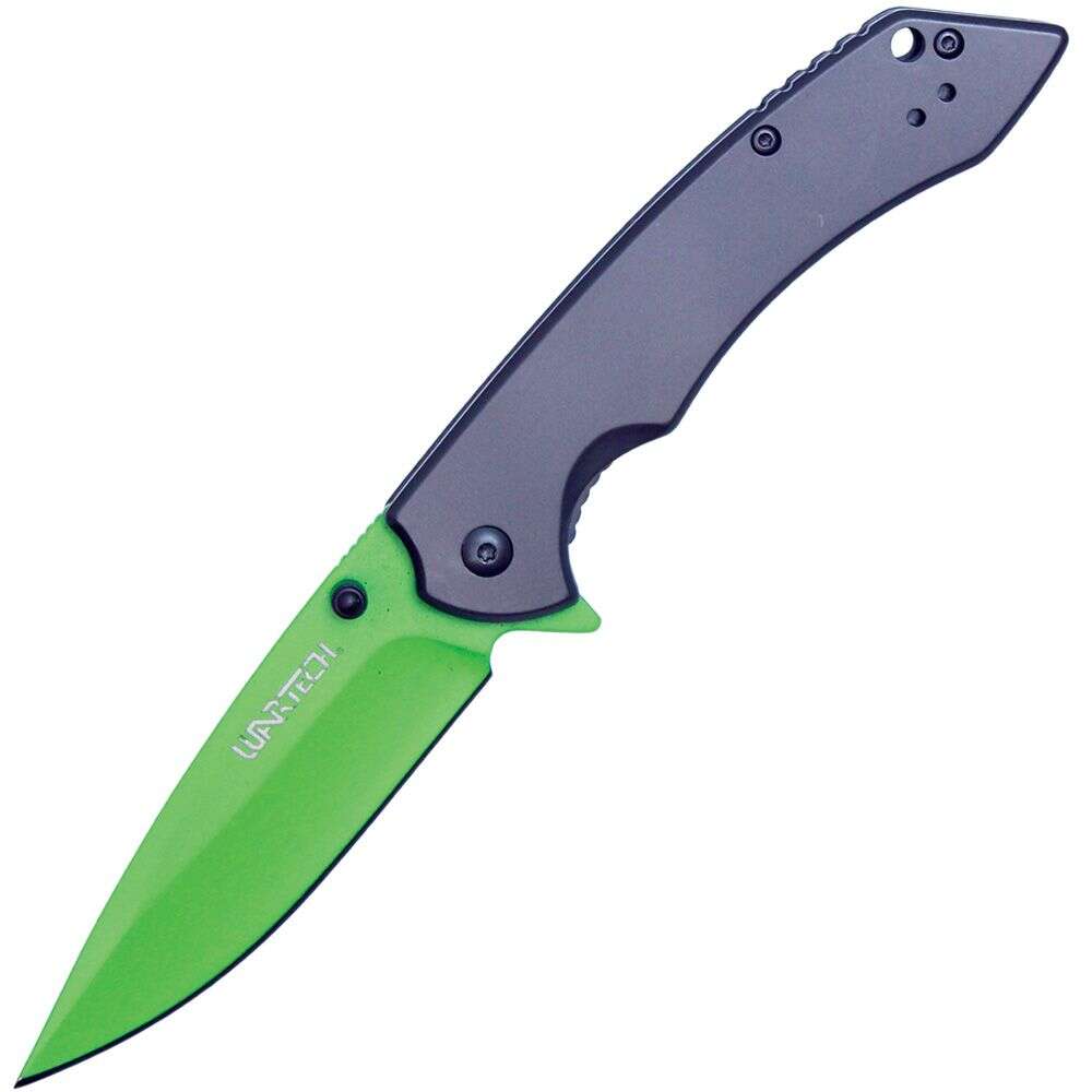 Assisted Open Folding Pocket Knife With Grey Handle and Green Blade