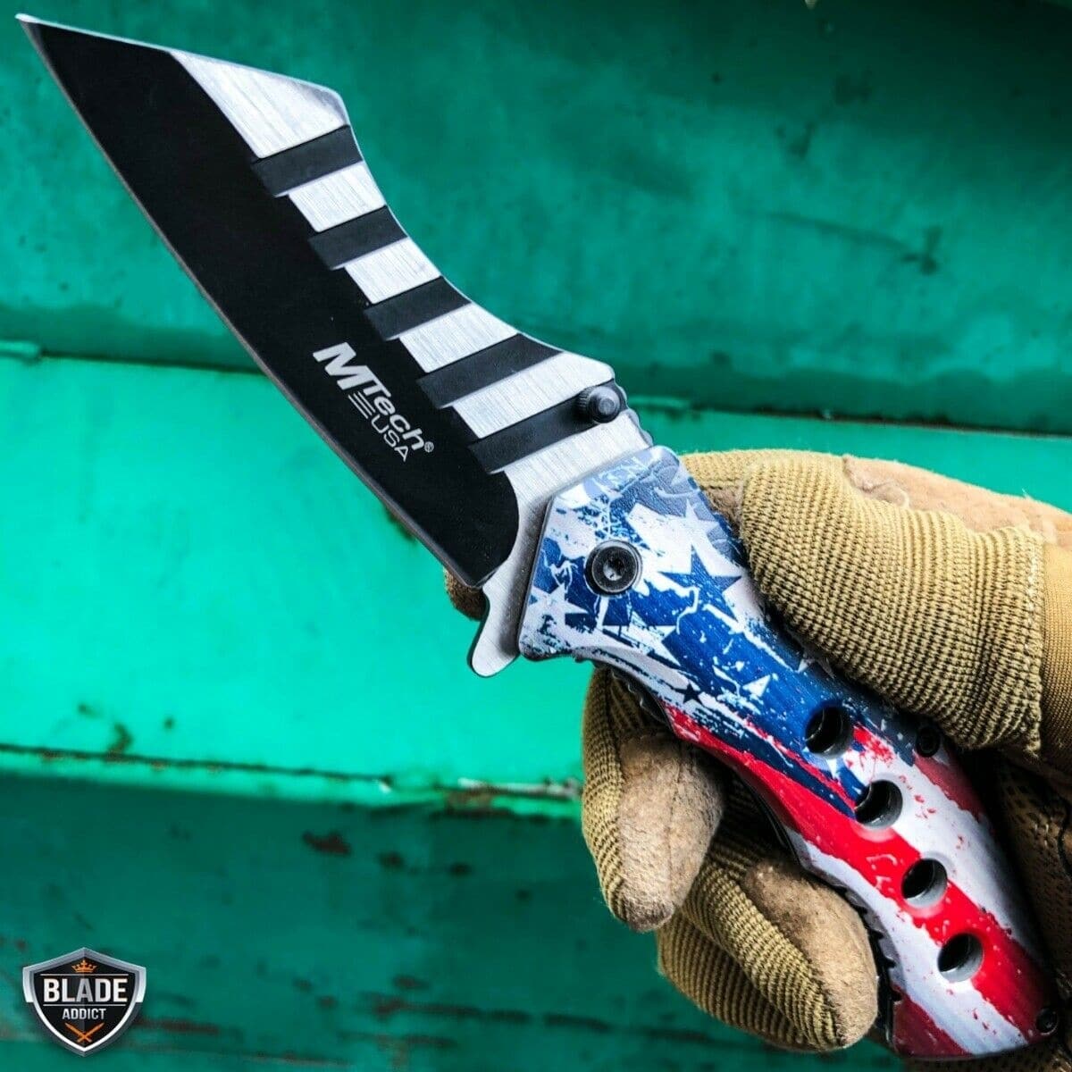 8.25″ USA FLAG AMERICAN  Tactical Cleaver Spring Assisted Pocket Folding Knife