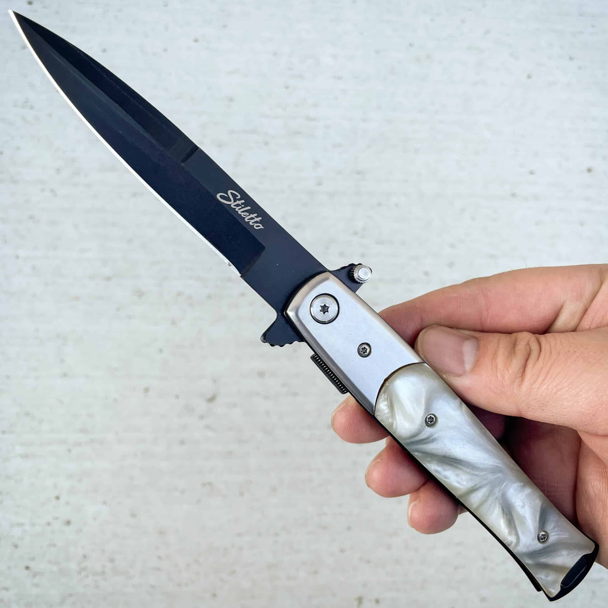 9″ Italian Milano Stiletto Tactical Spring Assisted Open Pocket Knife Pearl