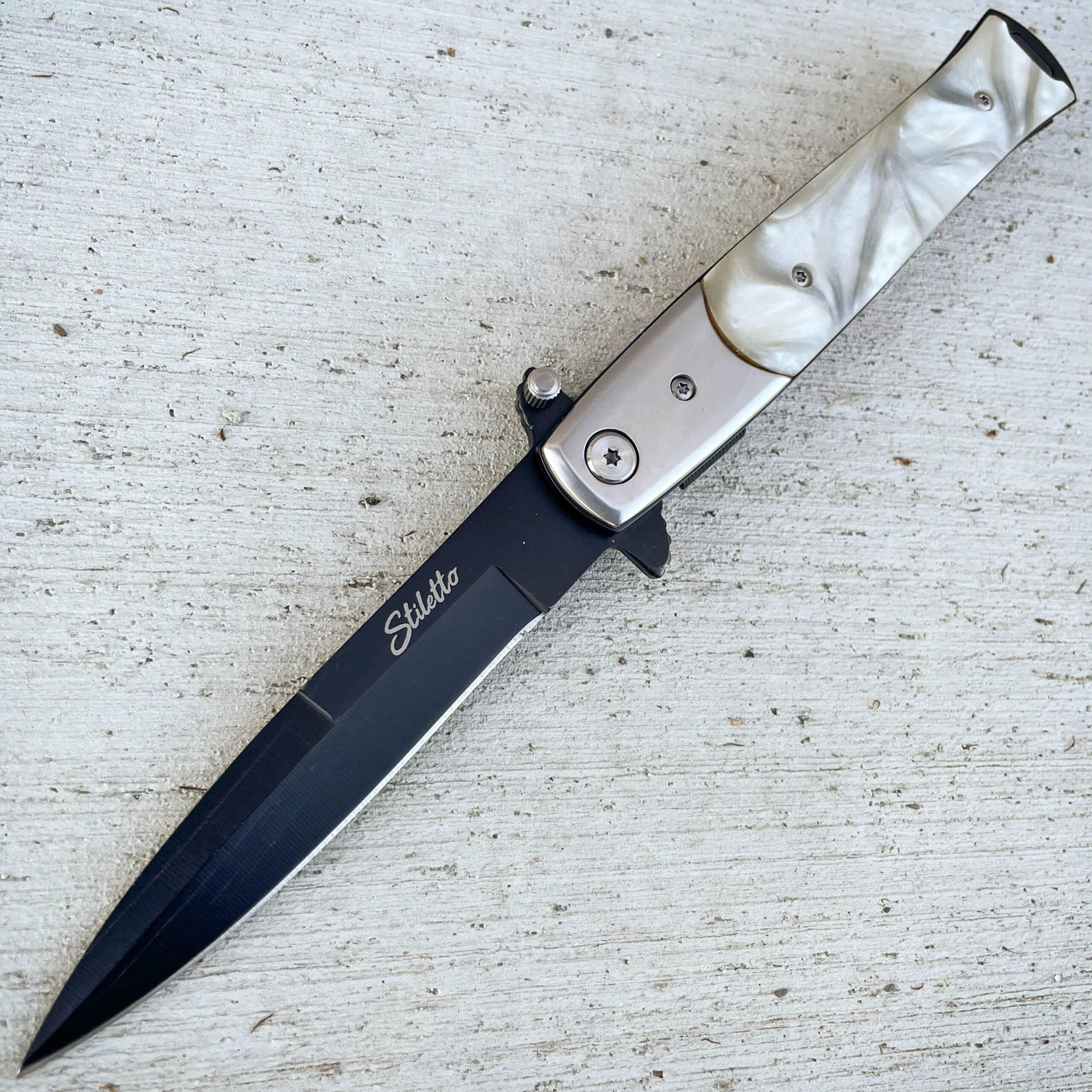 9" Italian Milano Stiletto Tactical Spring Assisted Open Pocket Knife Pearl