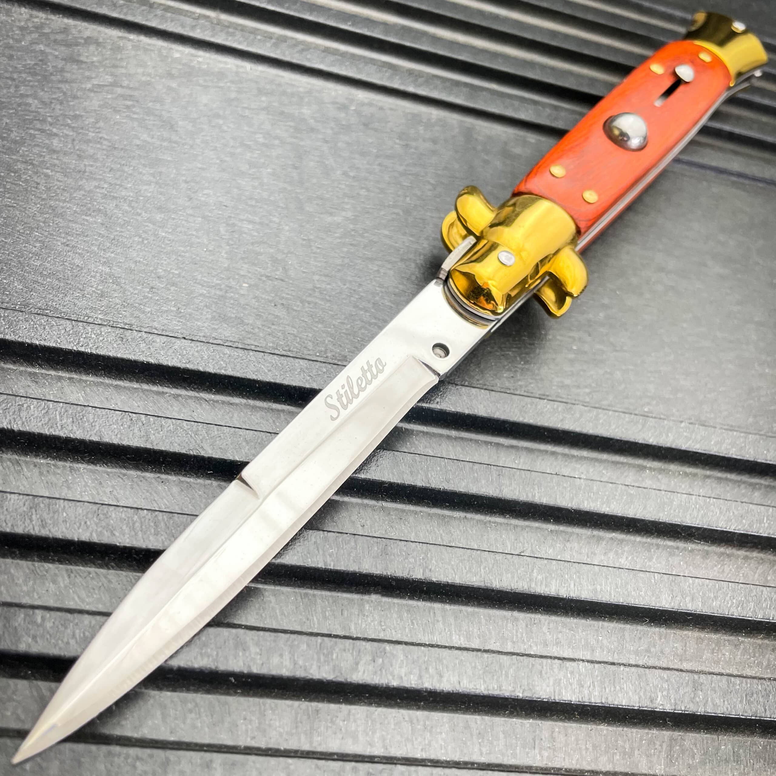 8.75" Classic Italian Stiletto Switch Blade Pocket Knife Gold Wood