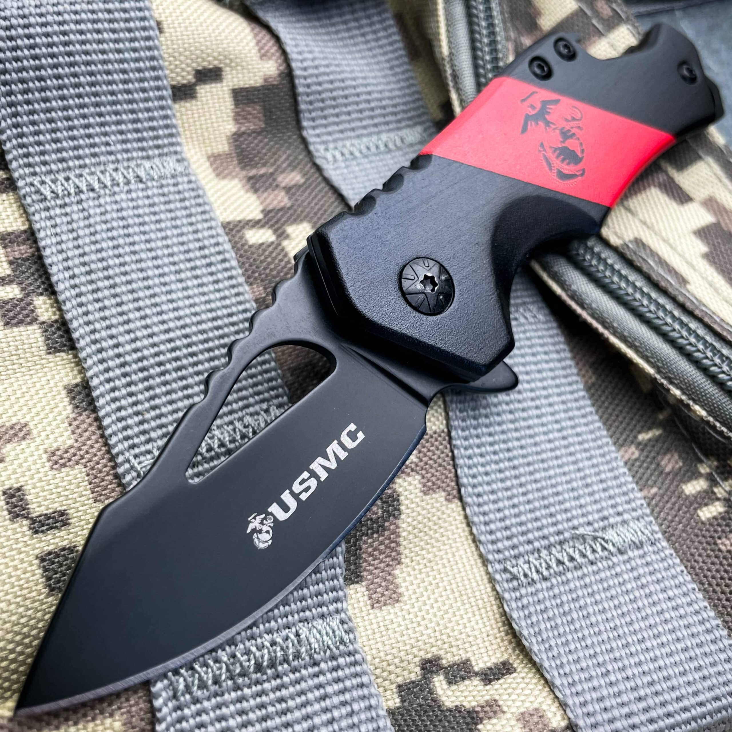 USMC Military Marines Tactical Spring Assisted Open Pocket Knife Bottle Opener