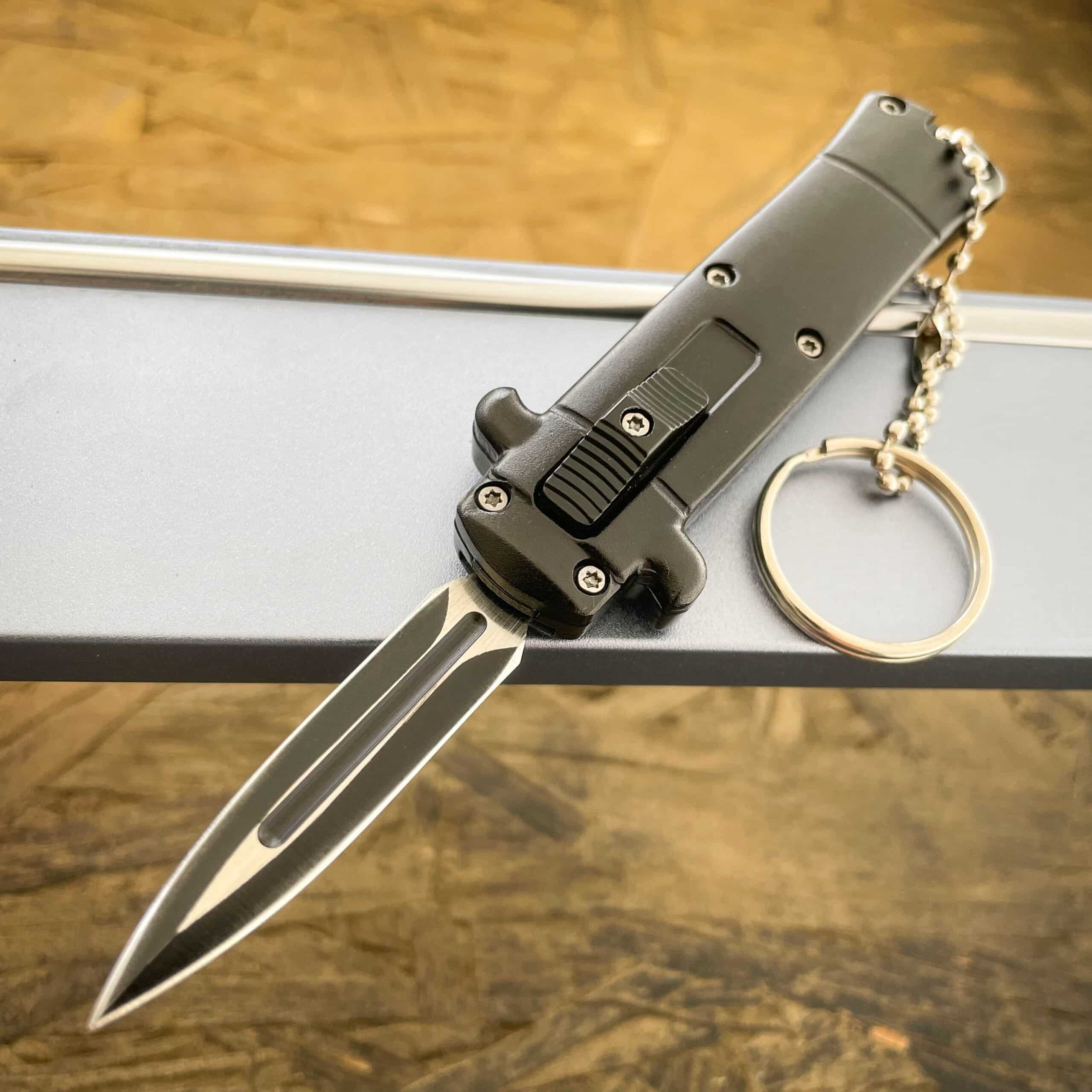 Black Mini Switchblade Stiletto OTF Knife Keychain