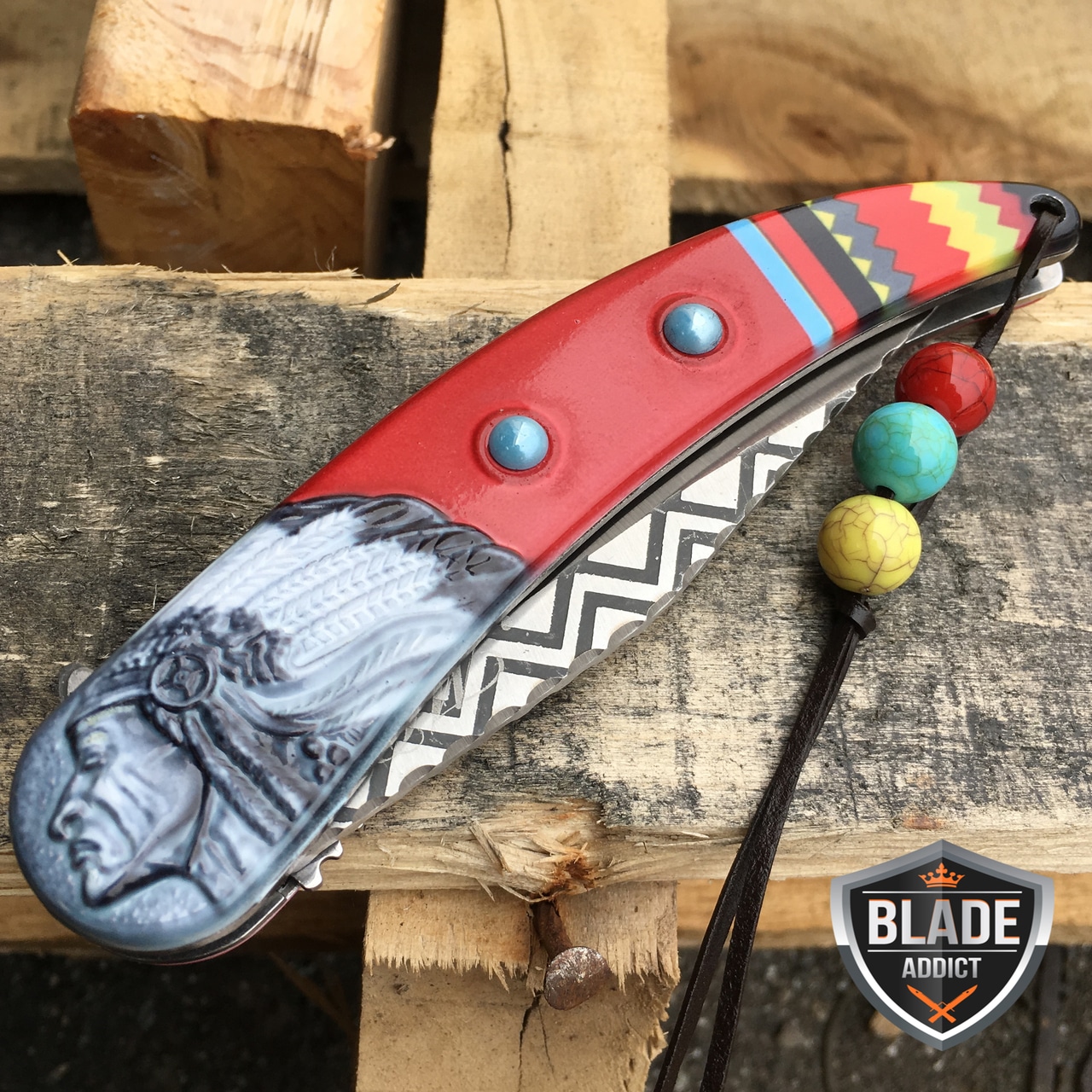 8.5" Native American Indian Spring Assisted Open Folding Pocket Knife RED EDC