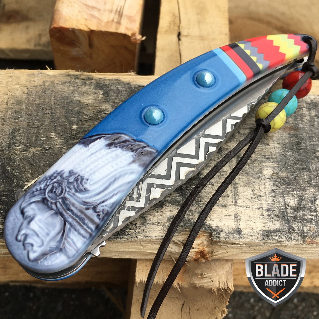 8.5" Native American Indian Spring Assisted Open Folding Pocket Knife BLUE EDC