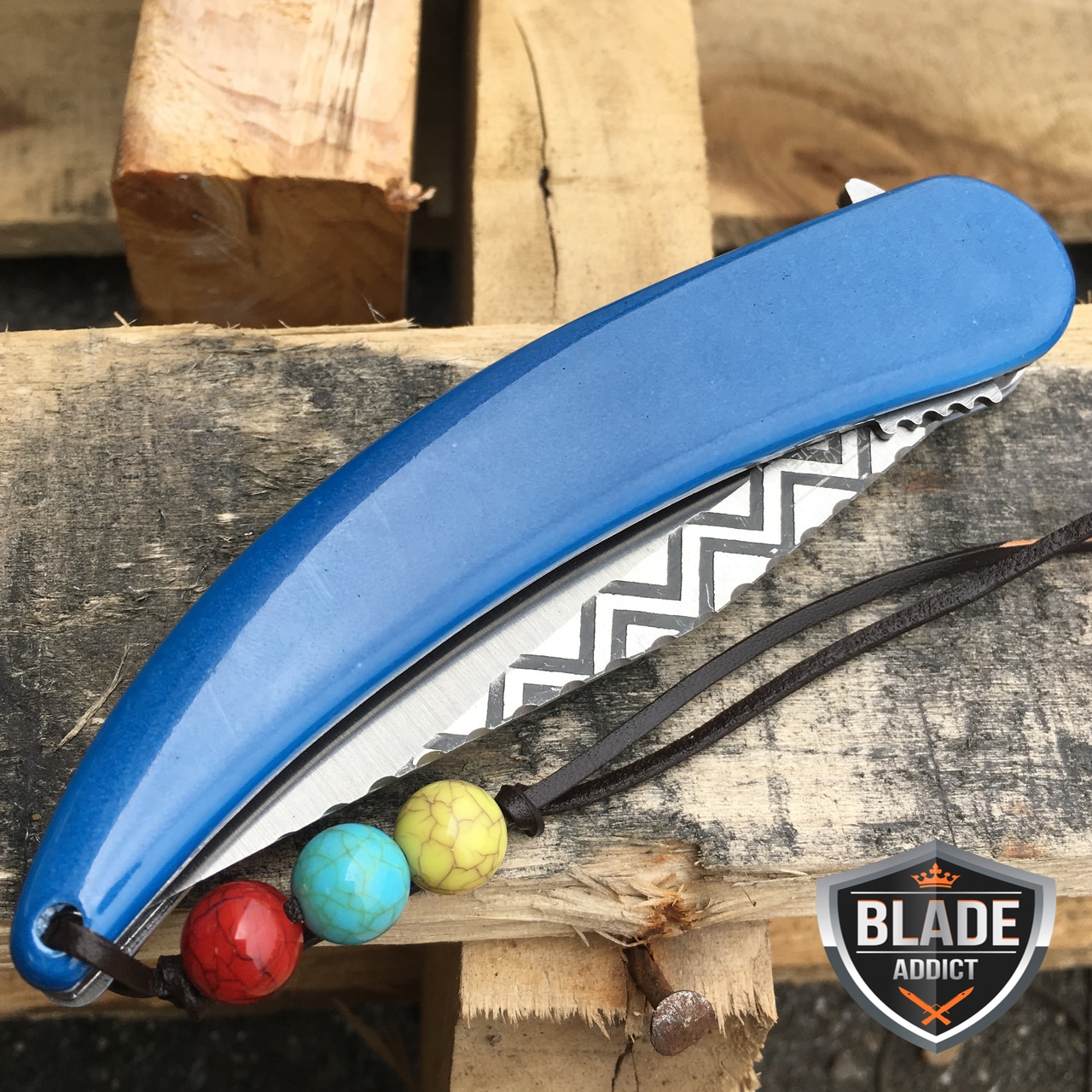 8.5" Native American Indian Spring Assisted Open Folding Pocket Knife BLUE EDC