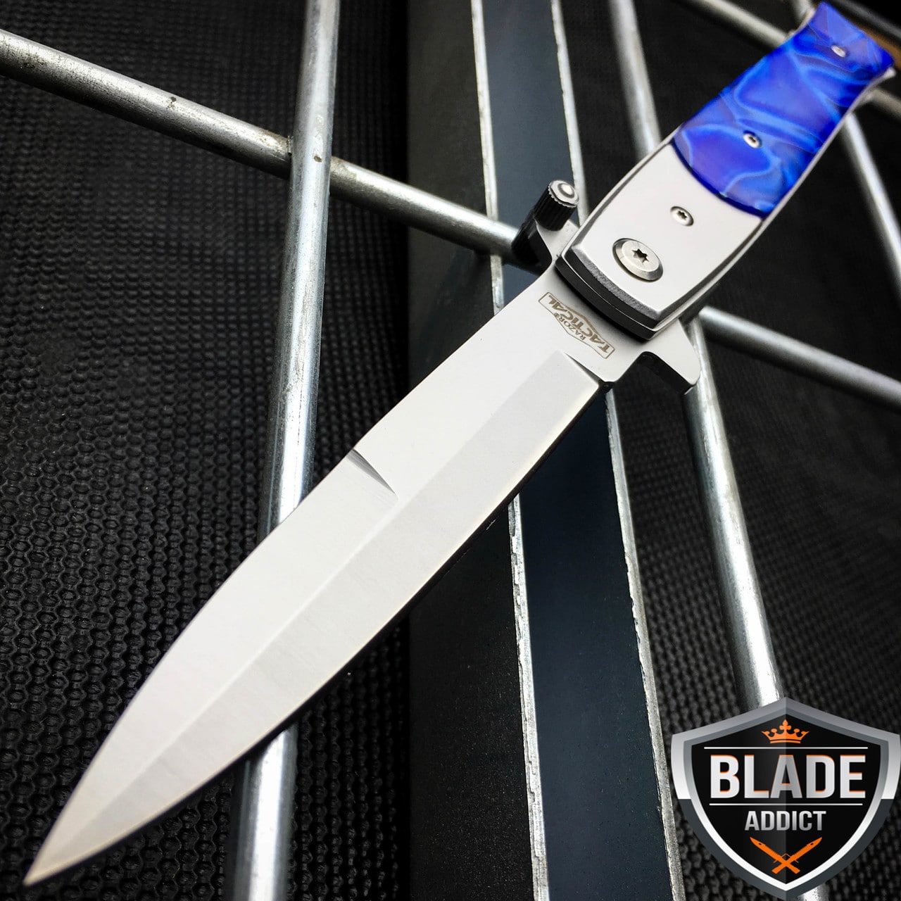 9″ Italian Milano Stiletto Tactical Spring Assisted Open Pocket Knife Blue edc