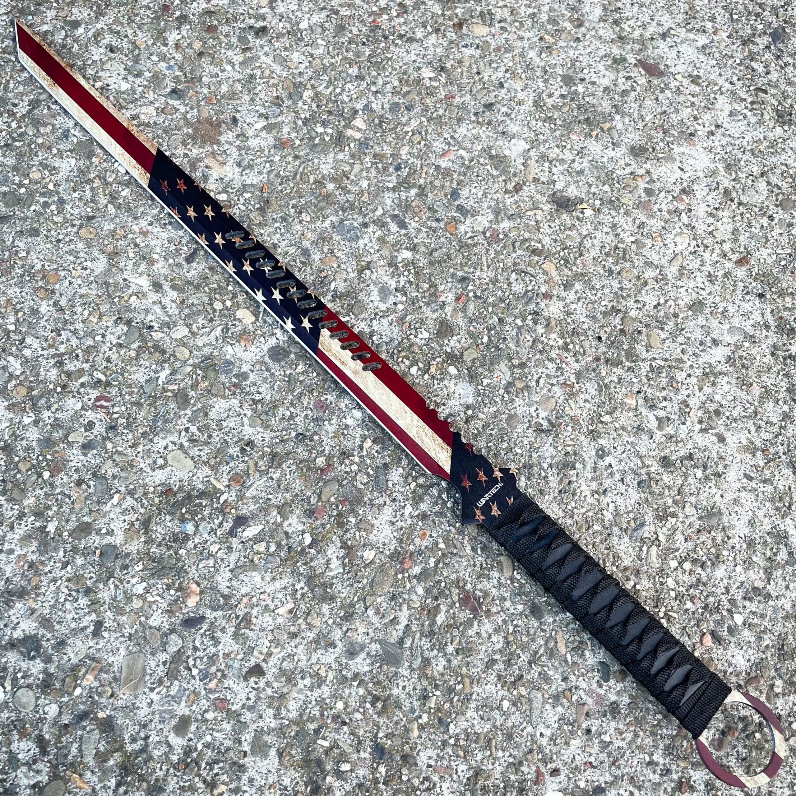 27" American USA Flag Sword Machete  + Throwing Knife Set