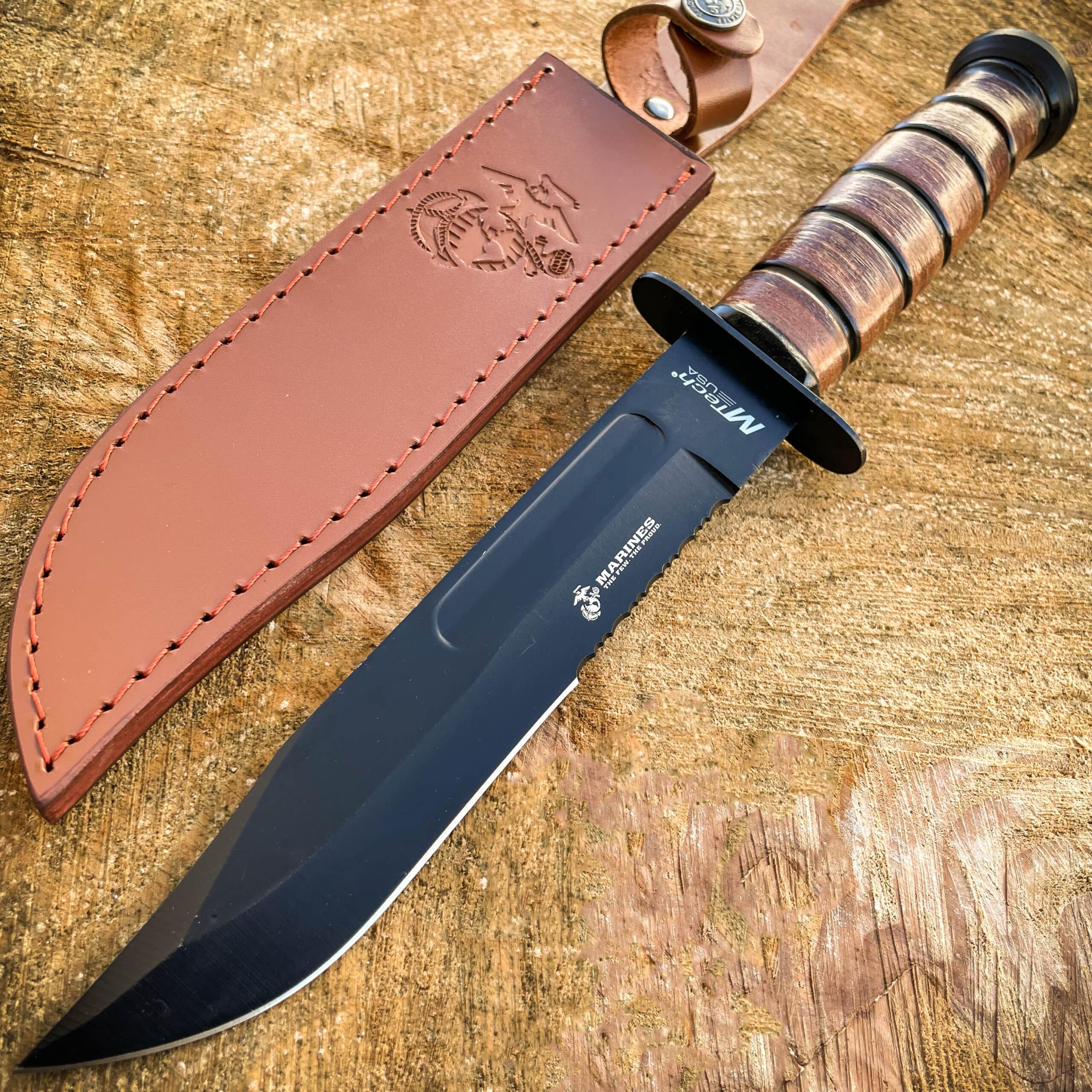 USMC COMBAT FIGHTER KNIFE - FIXED BLADE WITH LEATHER SHEATH