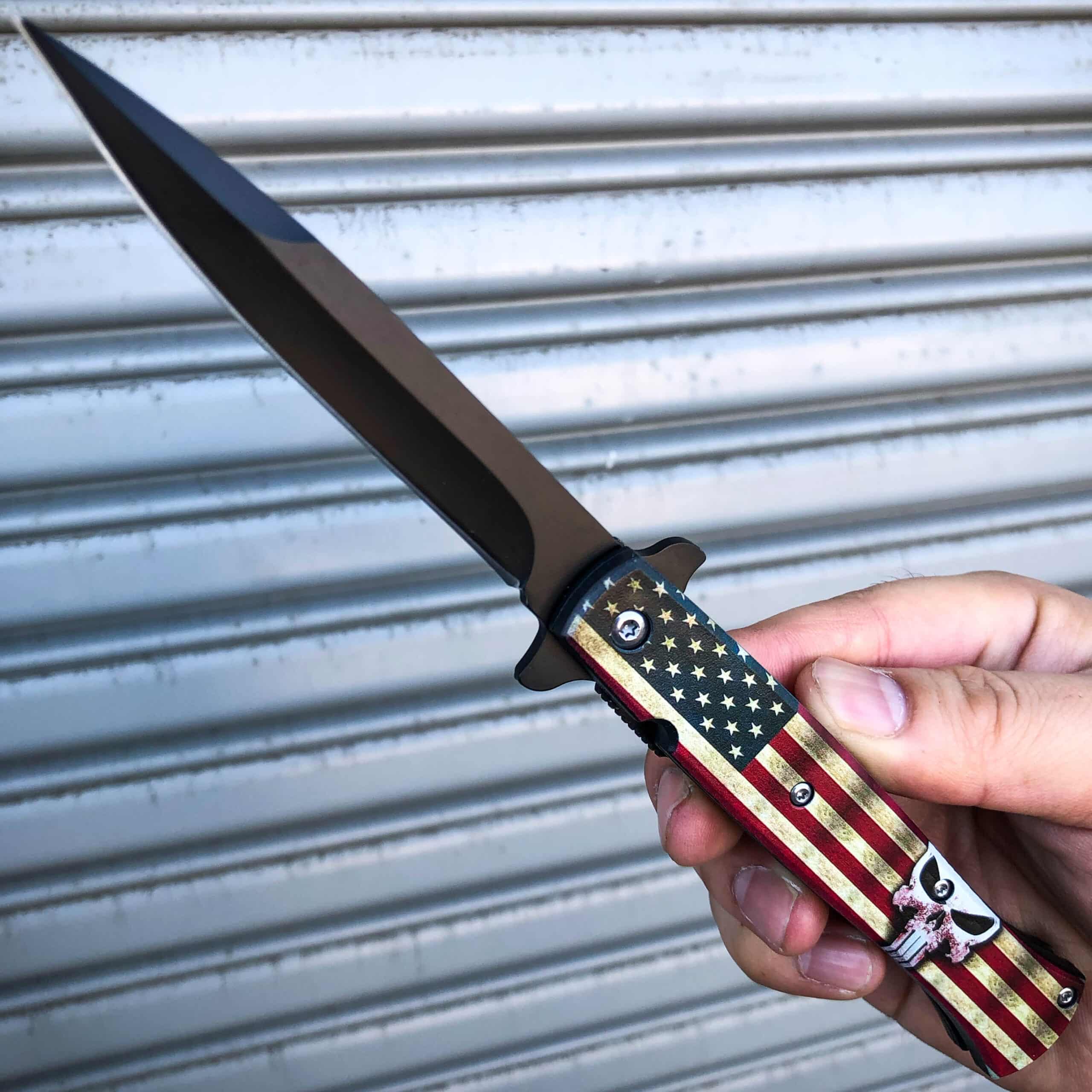 9" Stiletto Punisher SKULL American USA Flag Spring Assisted Pocket Knife NEW