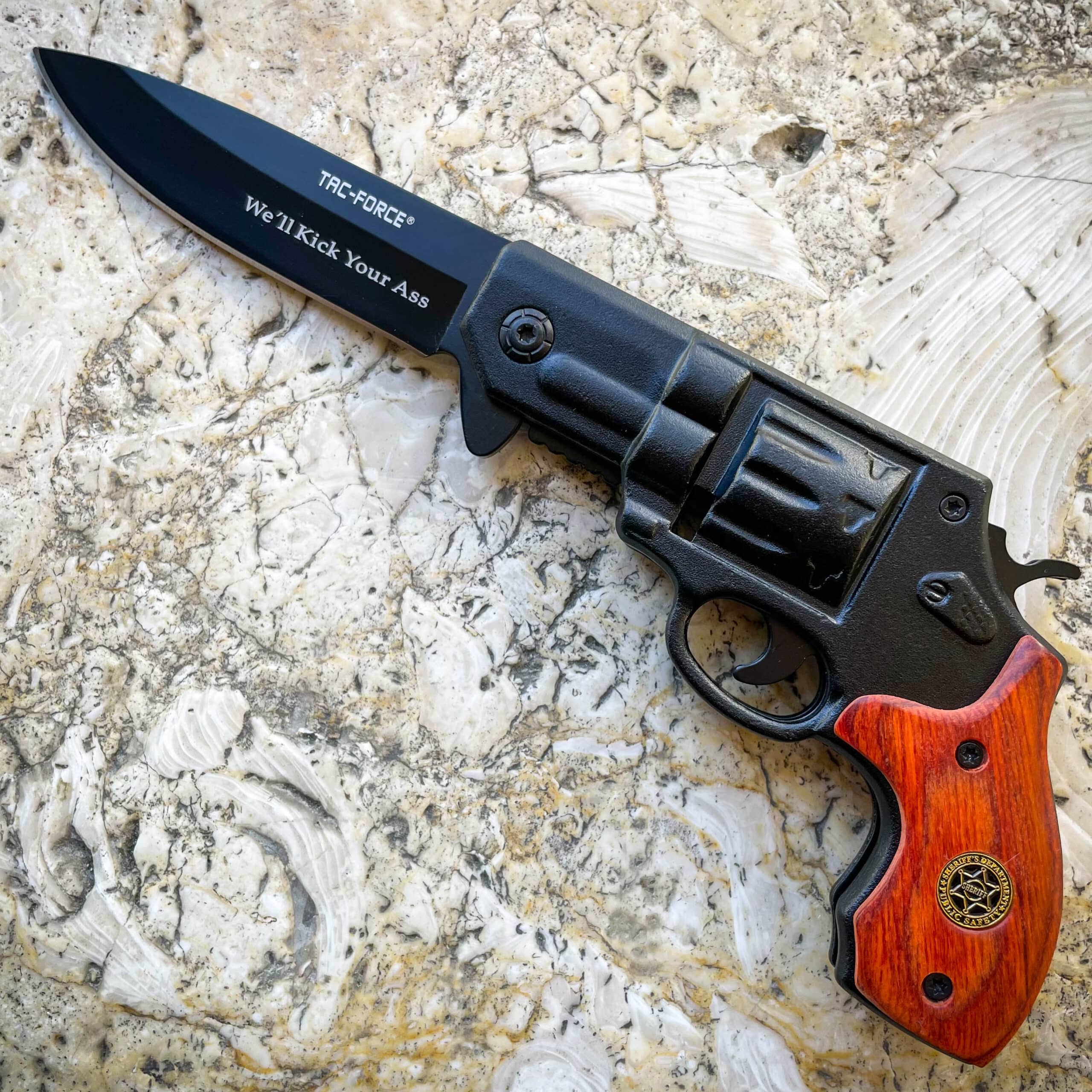 8" Tactical HAND PISTOL Revolver Gun Metal Folding Assisted WOOD Pocket Knife