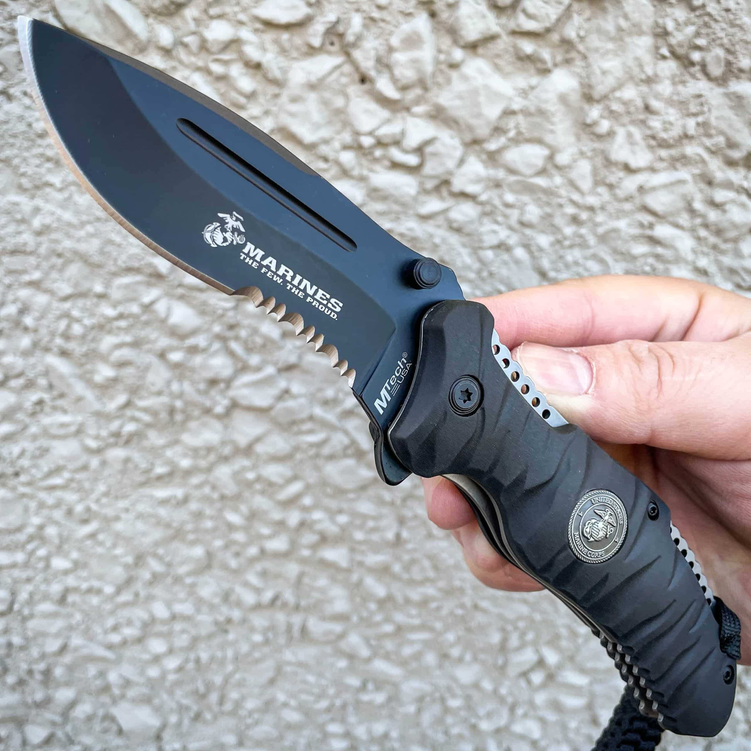 8.25″ USMC Marines Black Military Spring Assisted Open Rescue Pocket Knife Blade