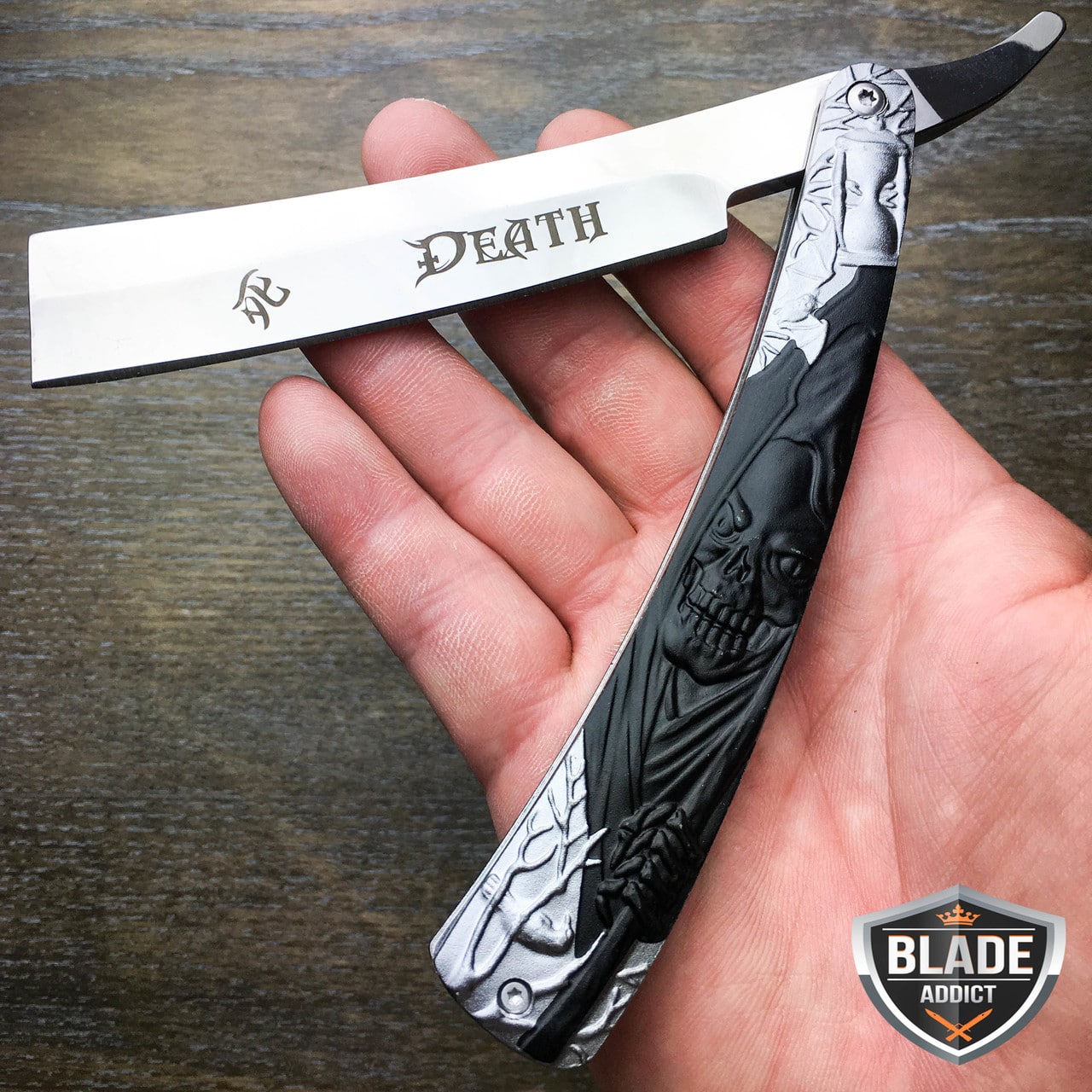 Grim Reaper Straight Blade Barber Razor Folding Pocket Knife Shaving Throat