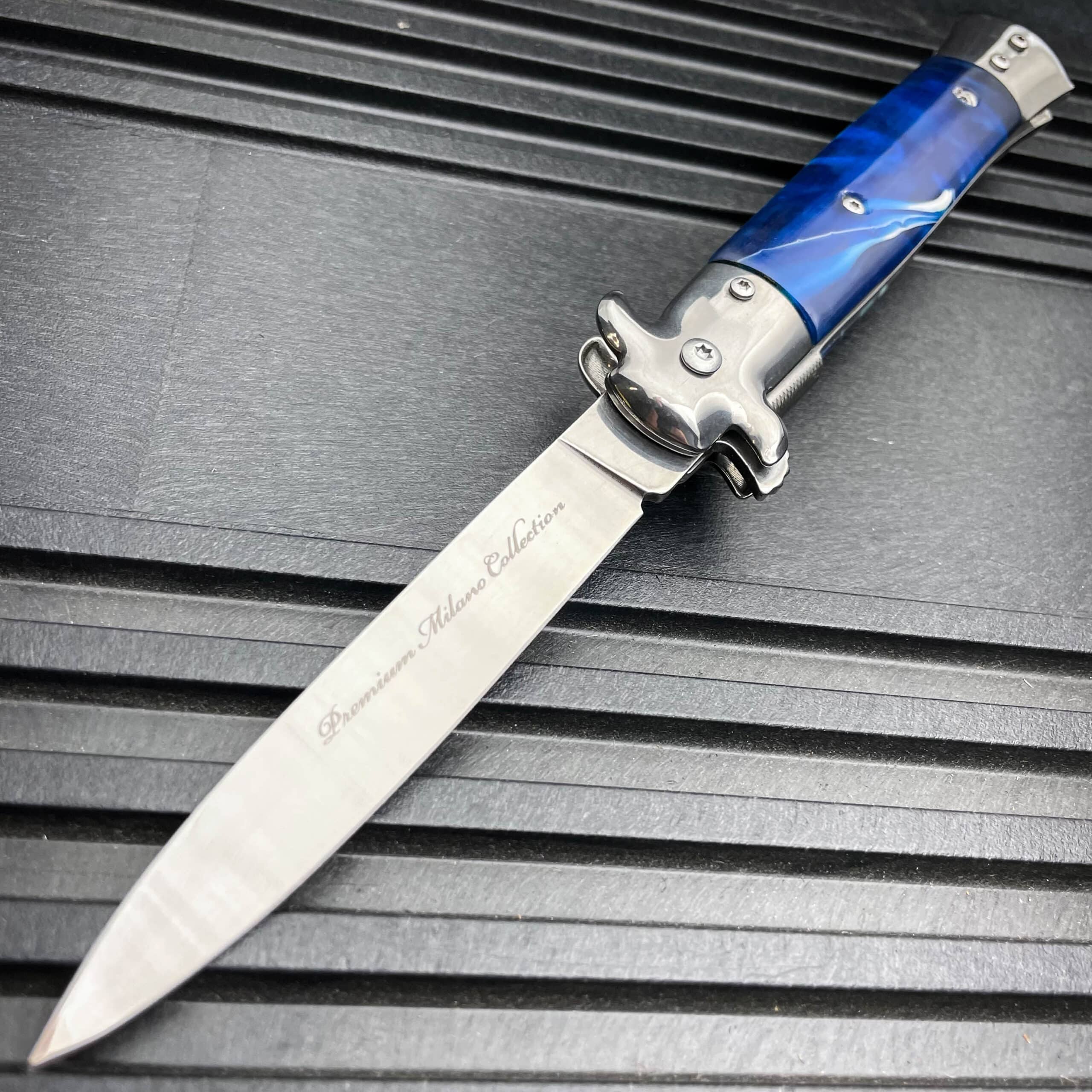 9″ Premium Italian Milano Stiletto Tactical Spring Assisted Pocket Knife Blue
