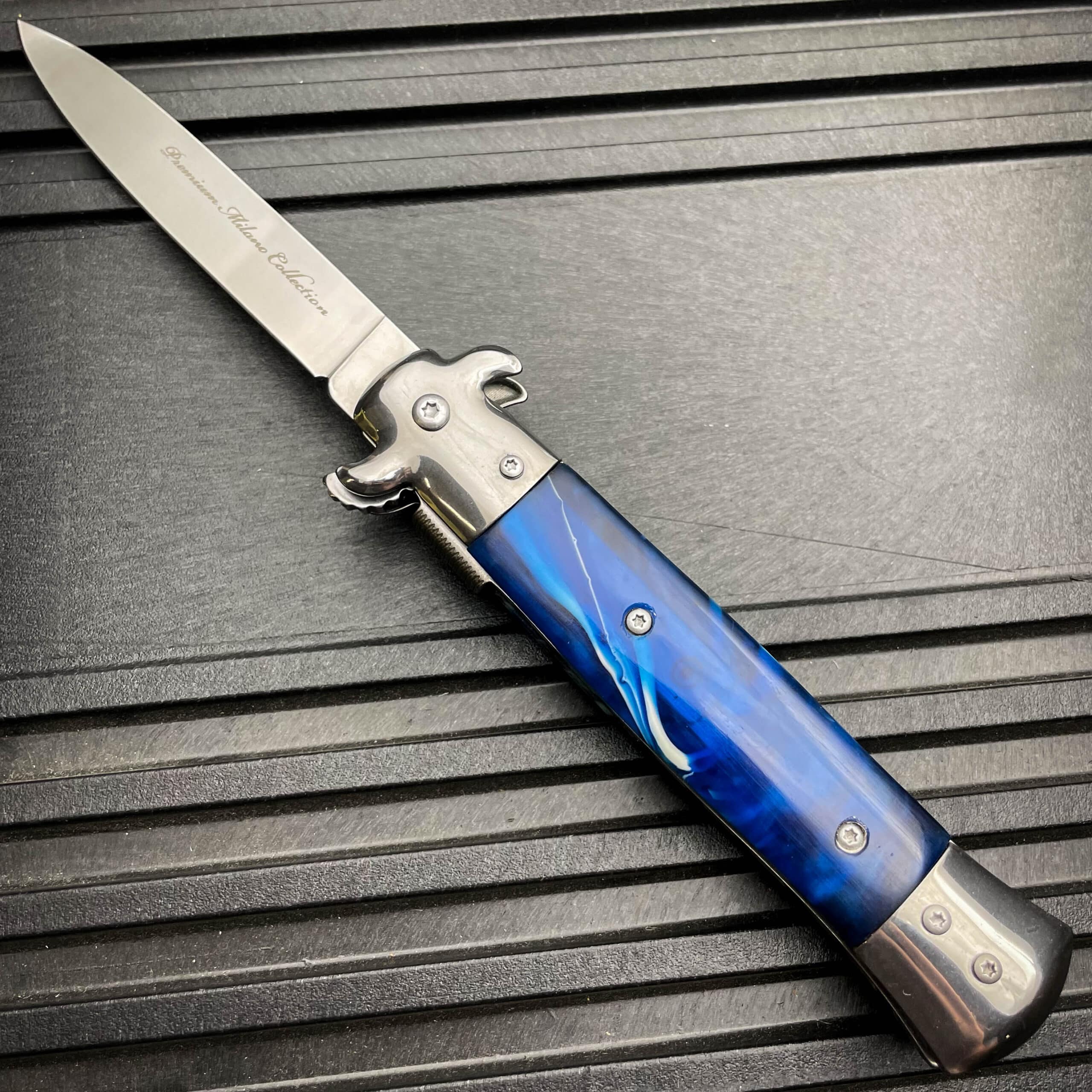 9" Premium Italian Milano Stiletto Tactical Spring Assisted Pocket Knife Blue
