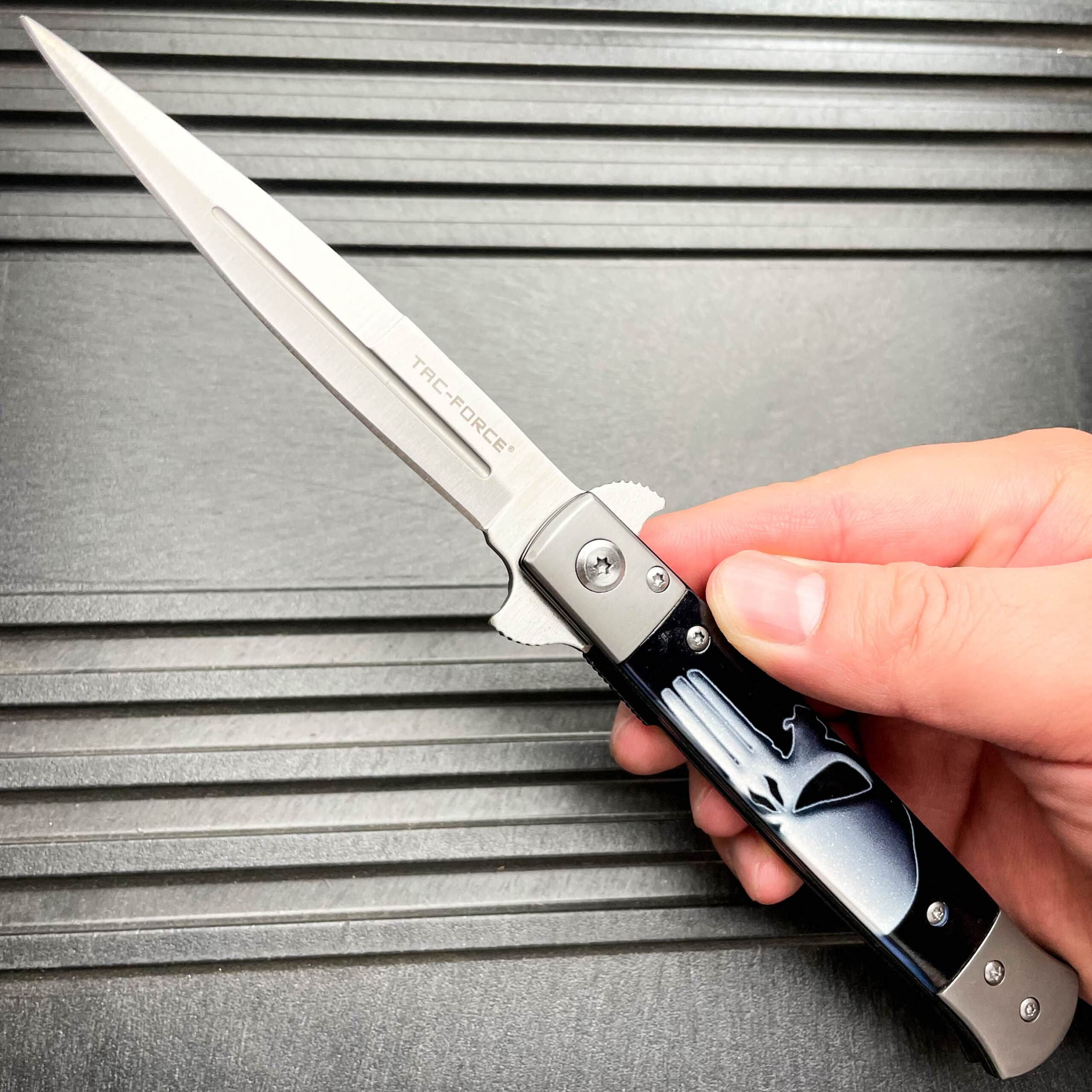 9" Punisher Skull Stiletto Tactical Spring Open Assisted Pocket Folding Knife