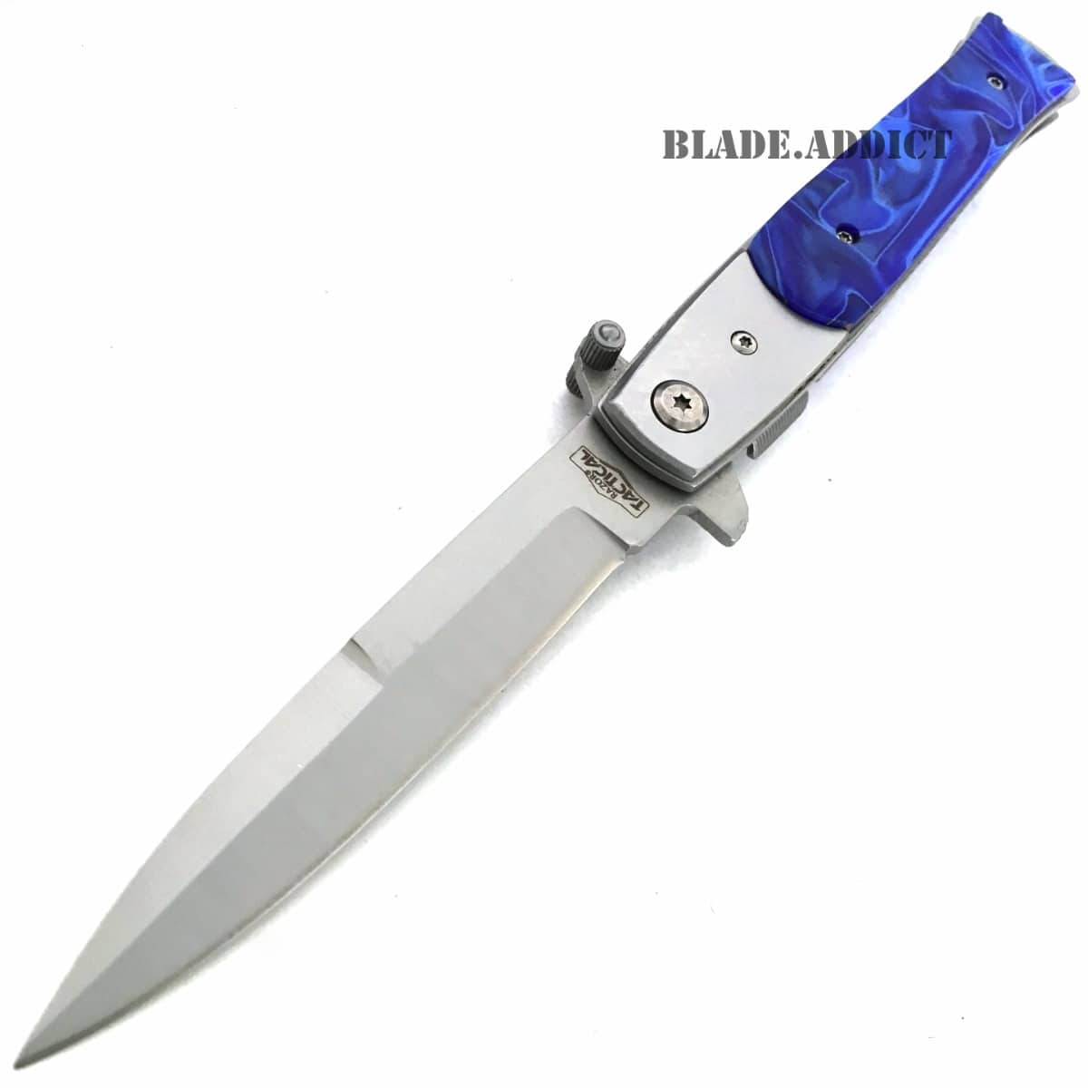 9" Italian Milano Stiletto Tactical Spring Assisted Open Pocket Knife Blue edc