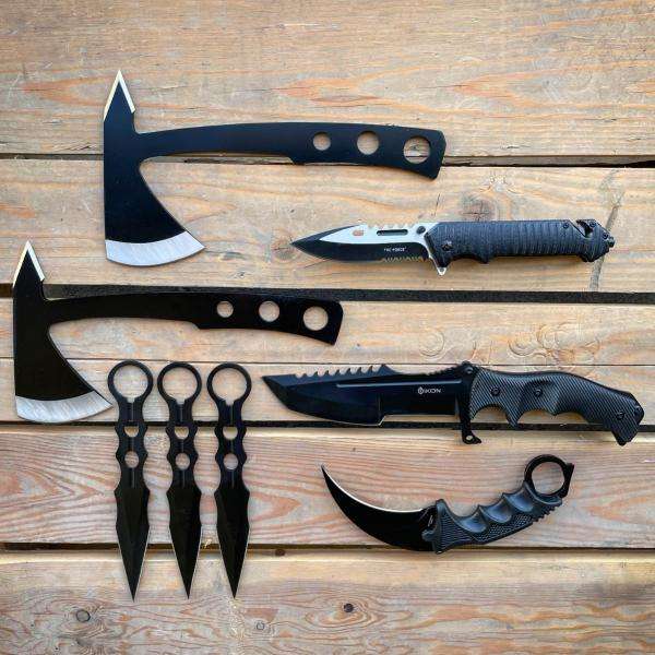 8PC Tactical Black Survival Hatchet Axe Fixed Blade Hunting Knife Kunai SET NEW