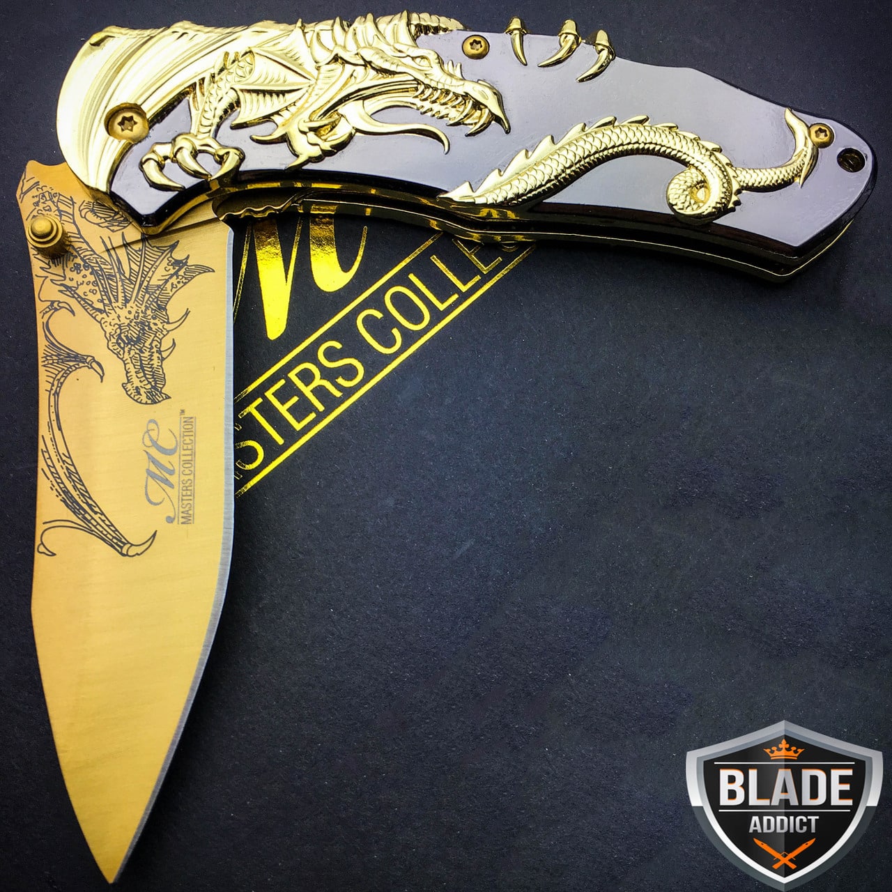 8" Gold Dragon Titanium Spring Assisted Open Blade Folding Pocket Knife Limited Edition