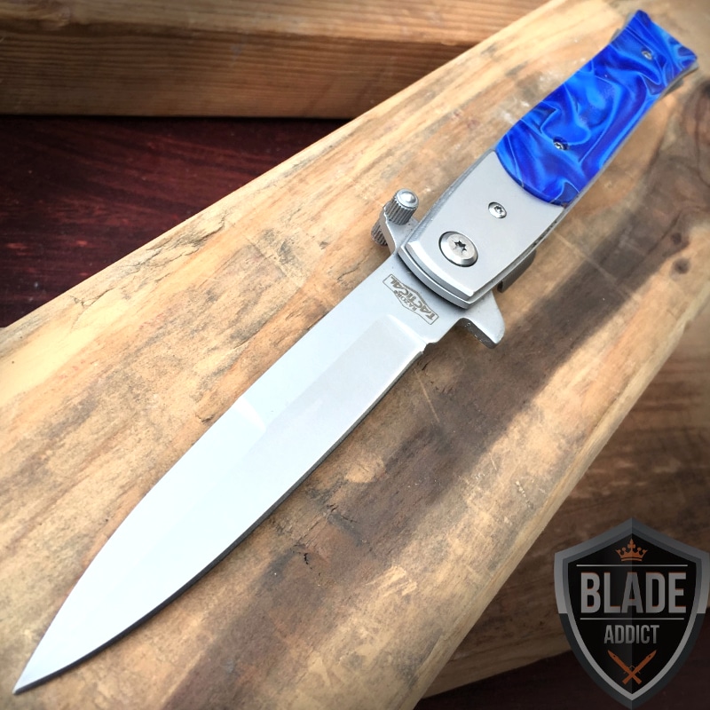 9" Italian Milano Stiletto Tactical Spring Assisted Open Pocket Knife Blue edc