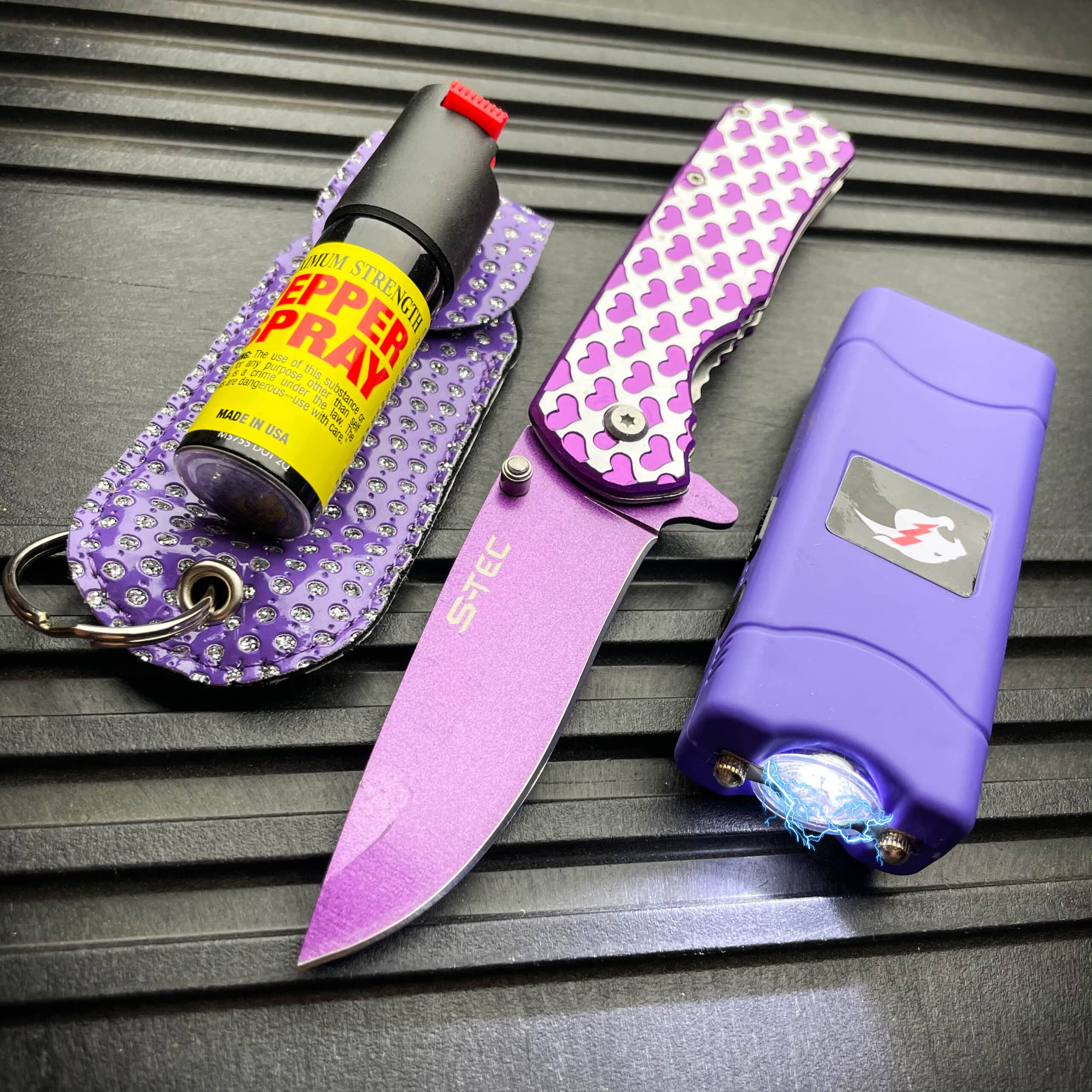 Tactical Stun Gun Flashlight + Pocket Knife + Pepper Spray