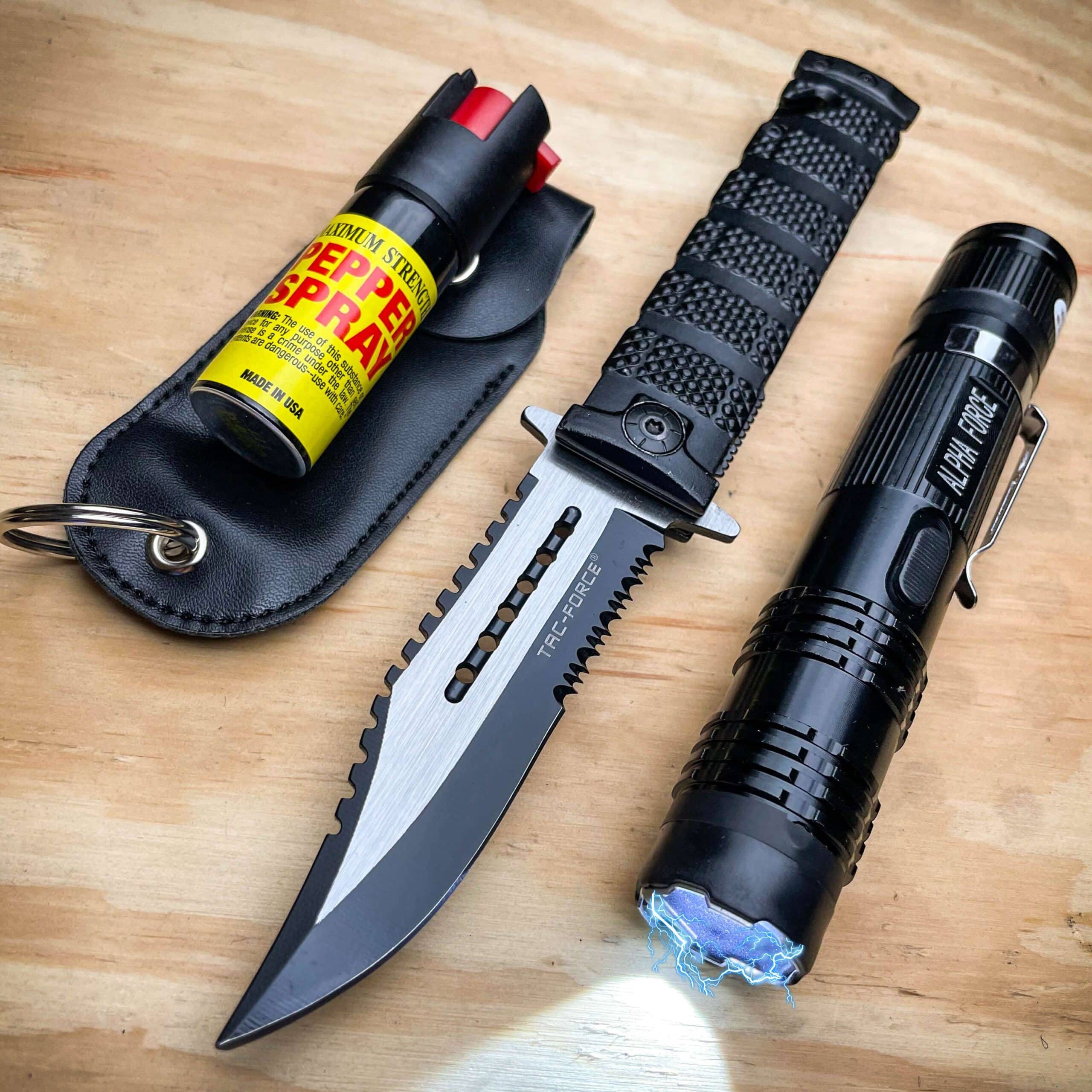 Tactical Stun Gun Flashlight + Assisted Spring Pocket Knife + Pepper Spray KIT