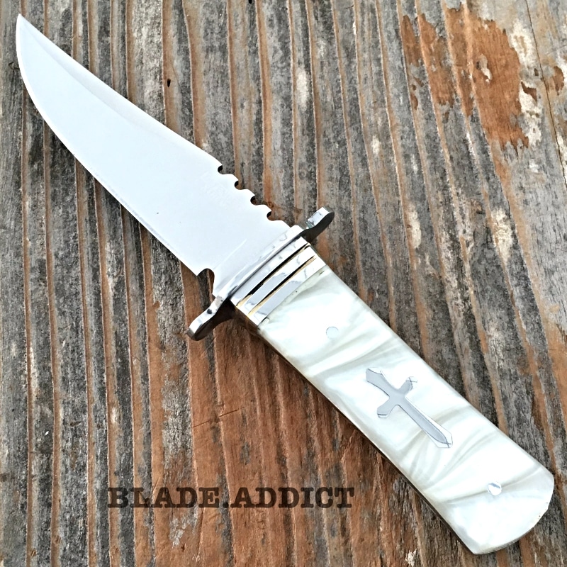 8" STAINLESS STEEL CELTIC CROSS HUNTING KNIFE Pearl HANDLE Gothic Skinning