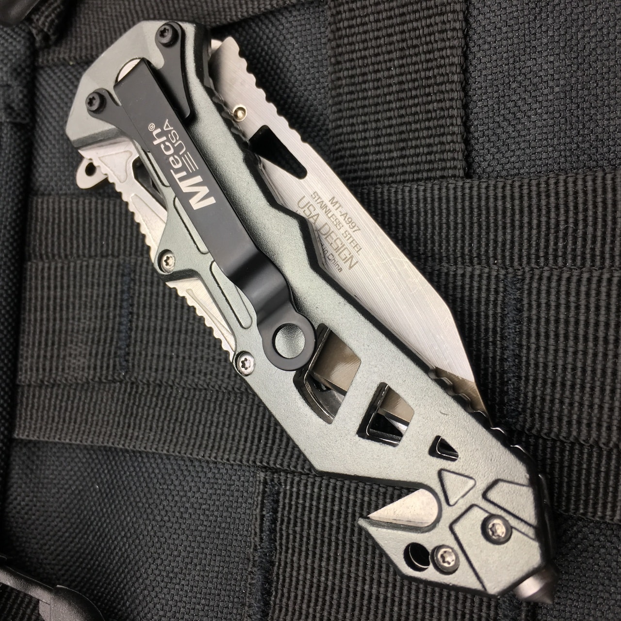 MTECH USA Tanto Spring Assisted Tactical Folding Pocket RESCUE Knife Open Grey