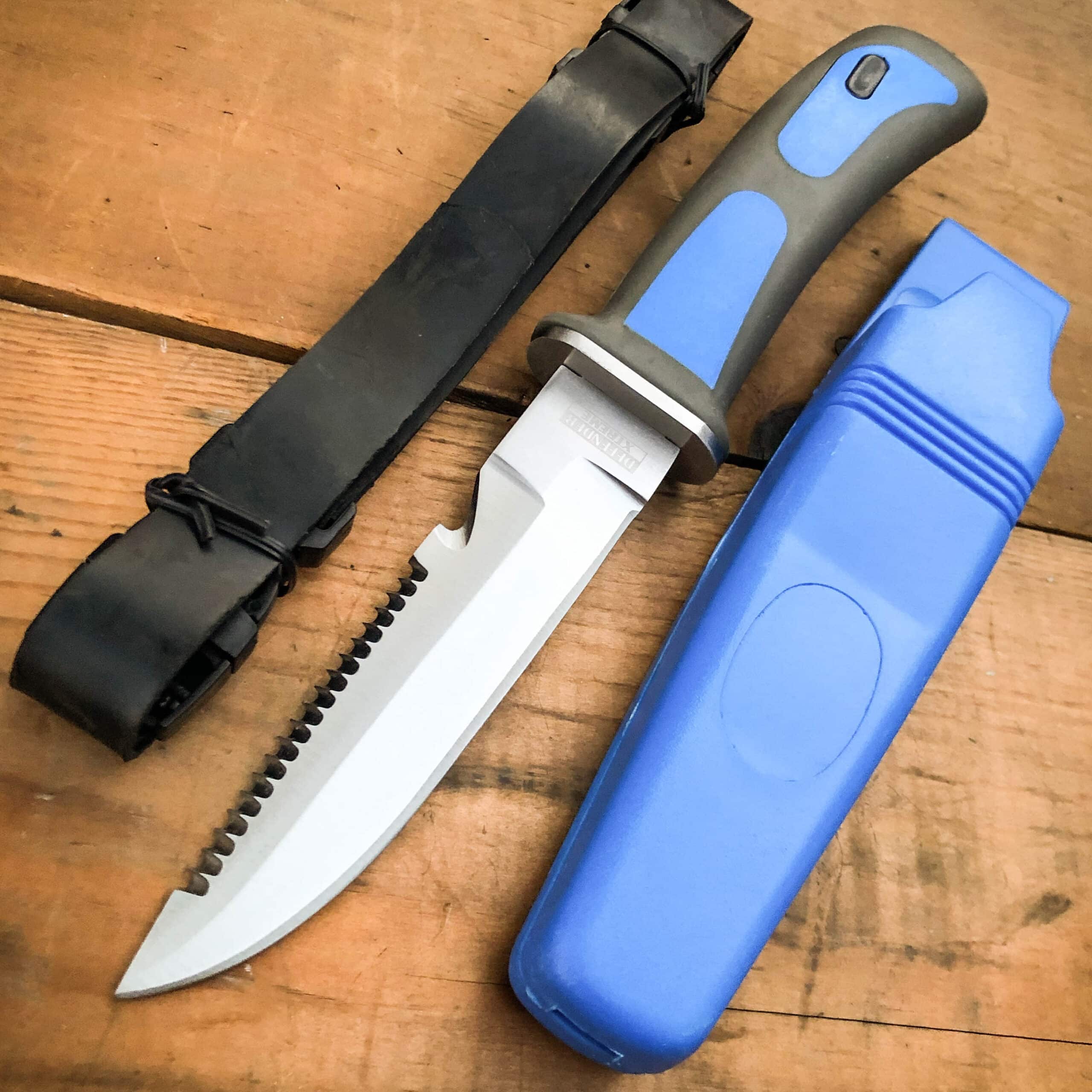 Scuba Diving Knife Fixed Blade Sheath Dive Leg + Arm Straps Stainless Steel Blue