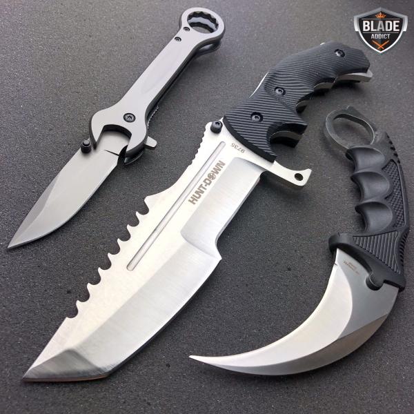 3 PC Tactical Hunting Fixed Blade Knife Karambit Wrench Tool SILVER SET NEW