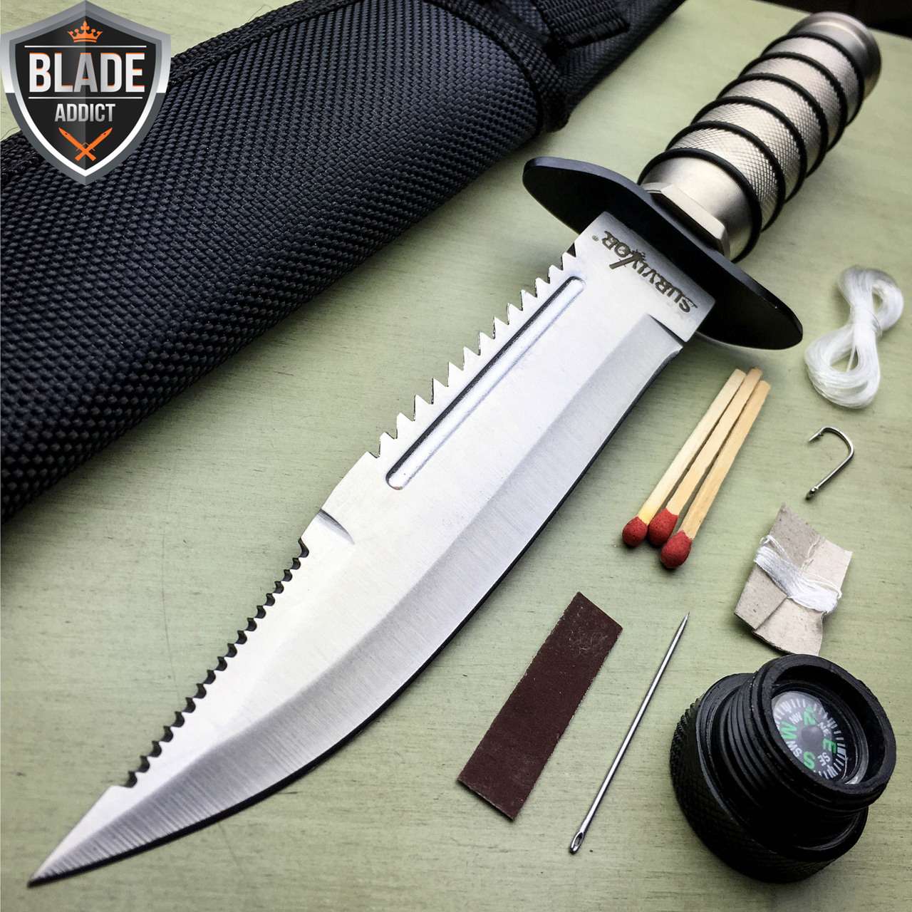 9.5″ Tactical Hunting Army Rambo Fixed Blade Knife Machete Bowie w Survival Kit