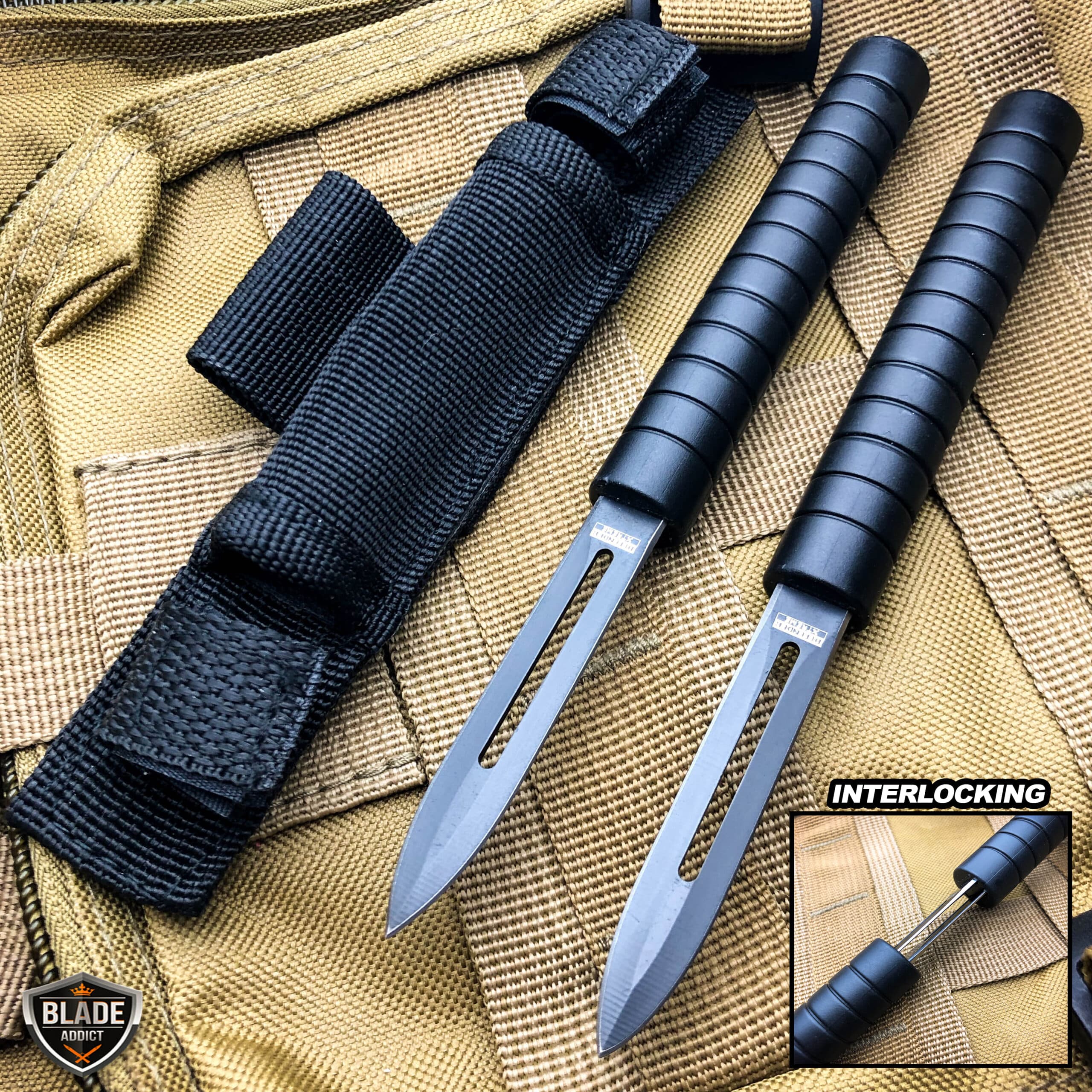 7.5″ Interlocking Ninja Dual Blade Tactical Throwing Hunting Knife w/ Sheath