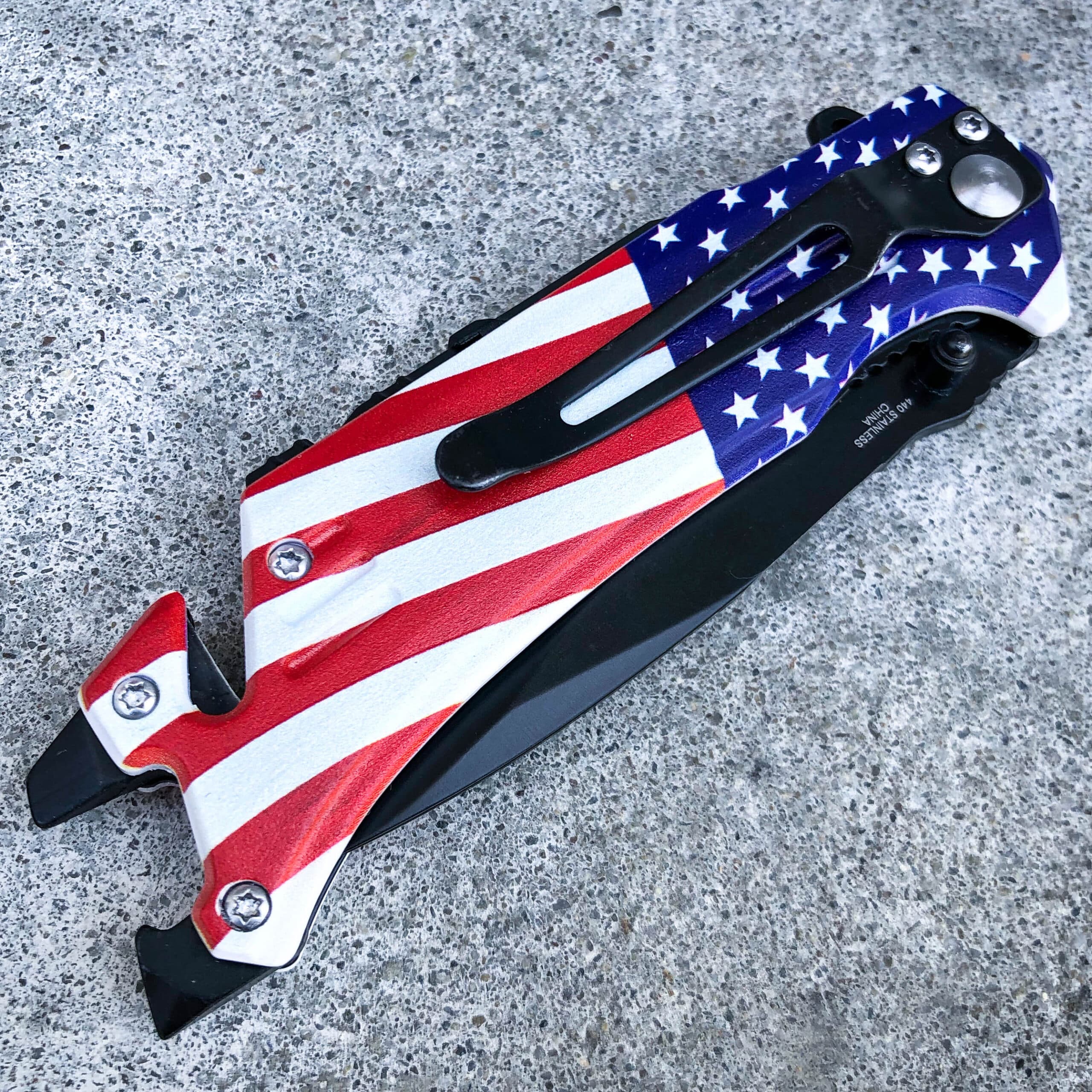 8" AMERICAN FLAG Knife USA Tactical Spring OPEN Assisted Folding Pocket Rescue Knife Multi Tool