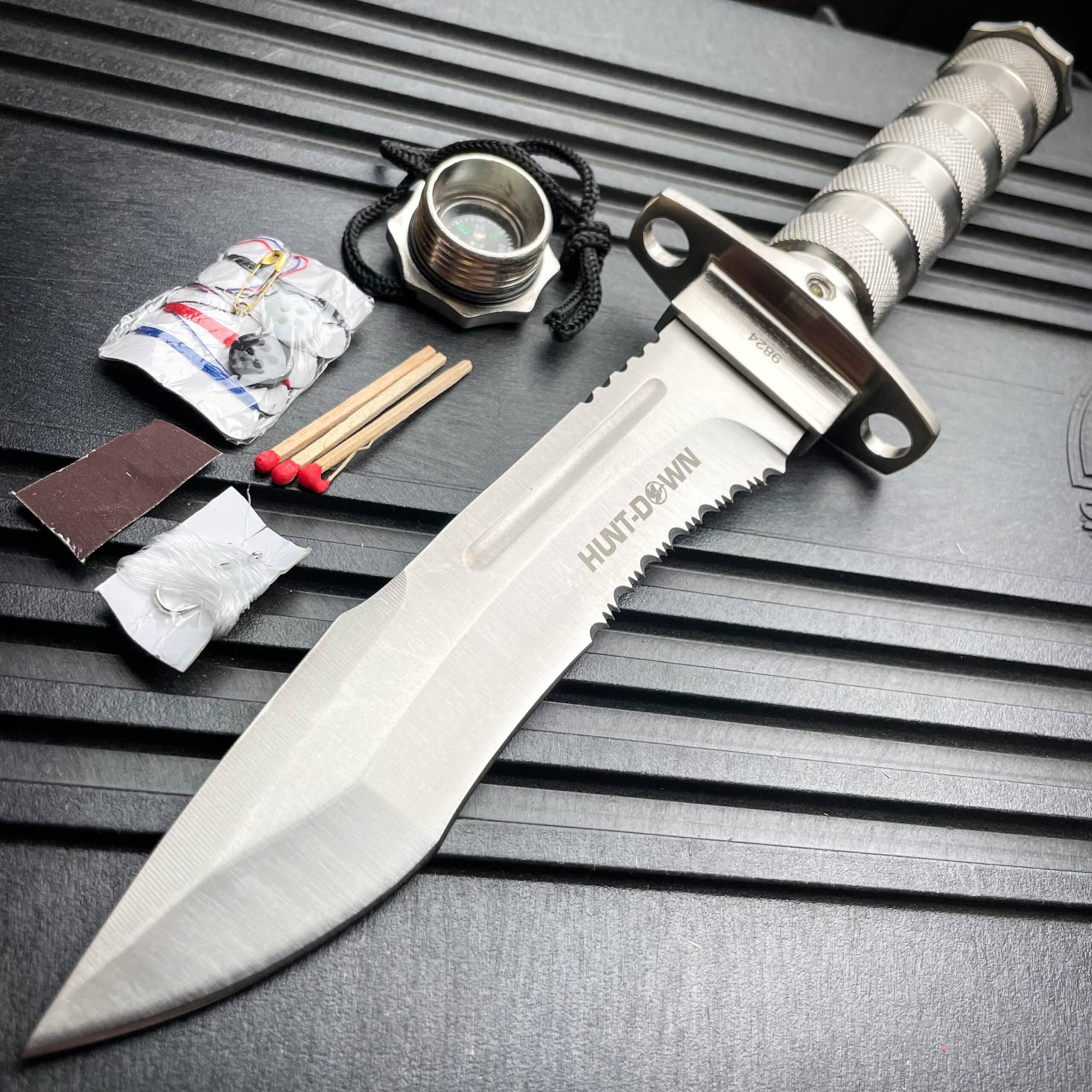 12" Tactical Camping Hunting Rambo Fixed Blade Knife Chrome Bowie + Survival KIT