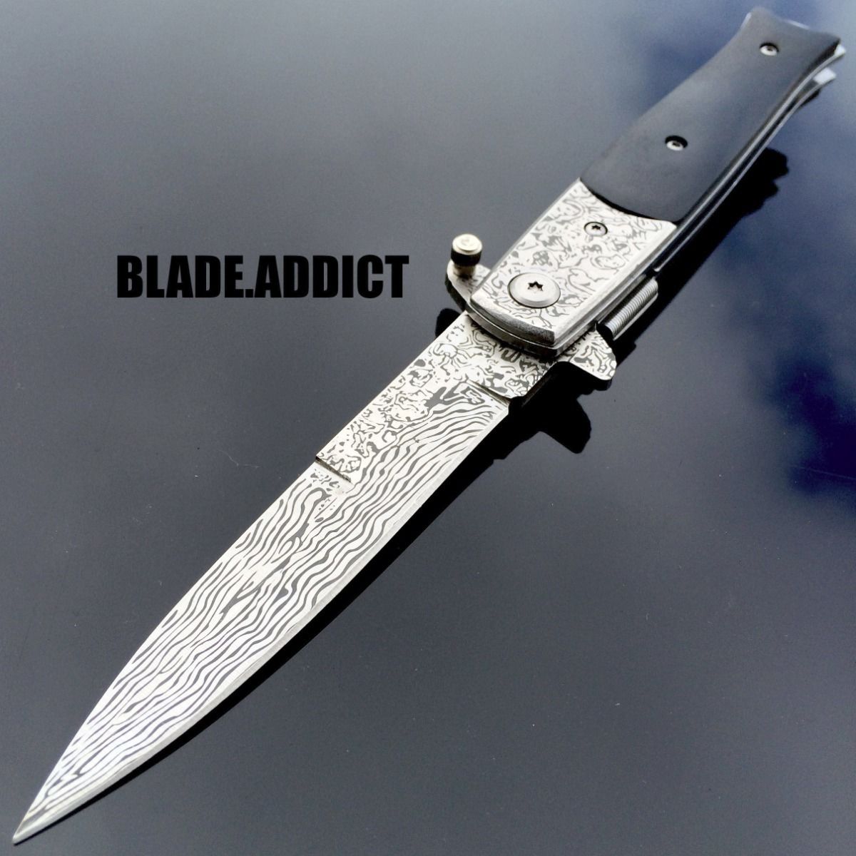 8.5″ Damascus Italian Stiletto Black SWIRL Spring Assisted Open Pocket Knife