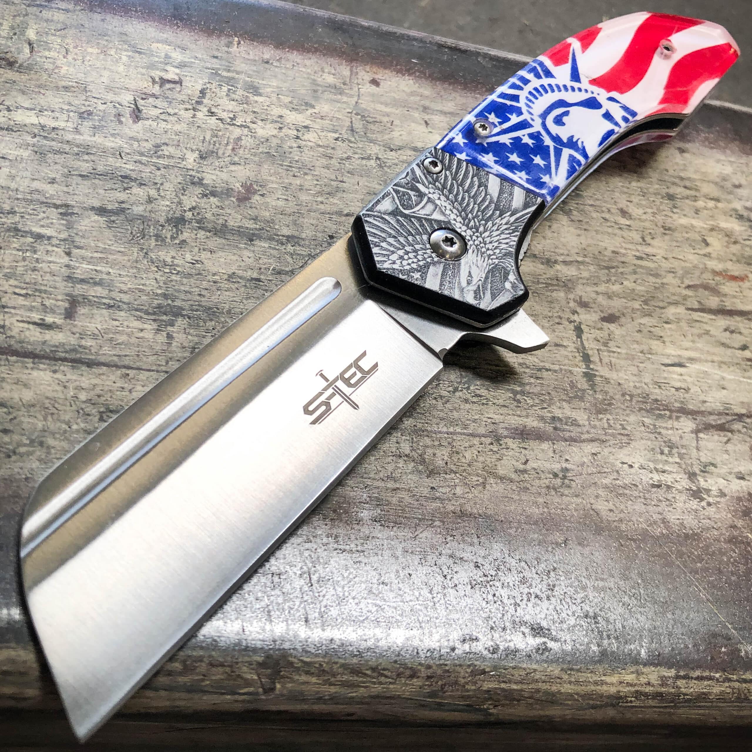 8″ USA Flag Liberty Tactical Spring OPEN Assisted CLEAVER Pocket Folding Knife