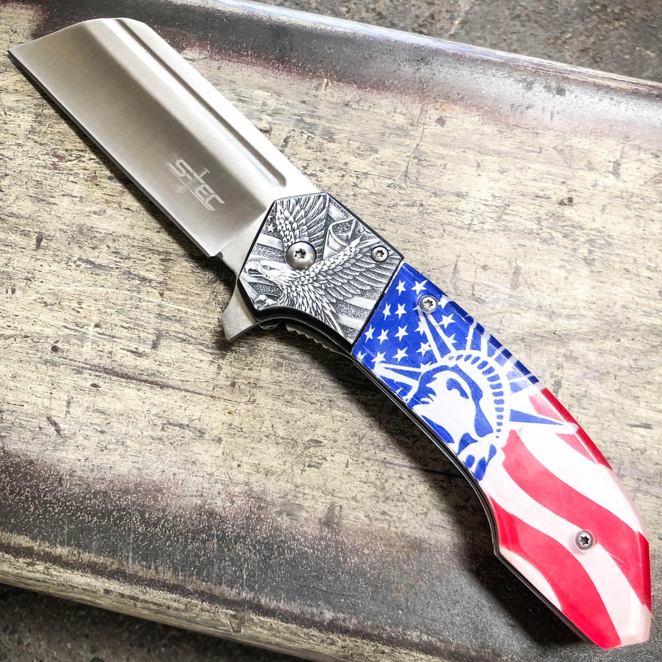 8" USA Flag Liberty Tactical Spring OPEN Assisted CLEAVER Pocket Folding Knife