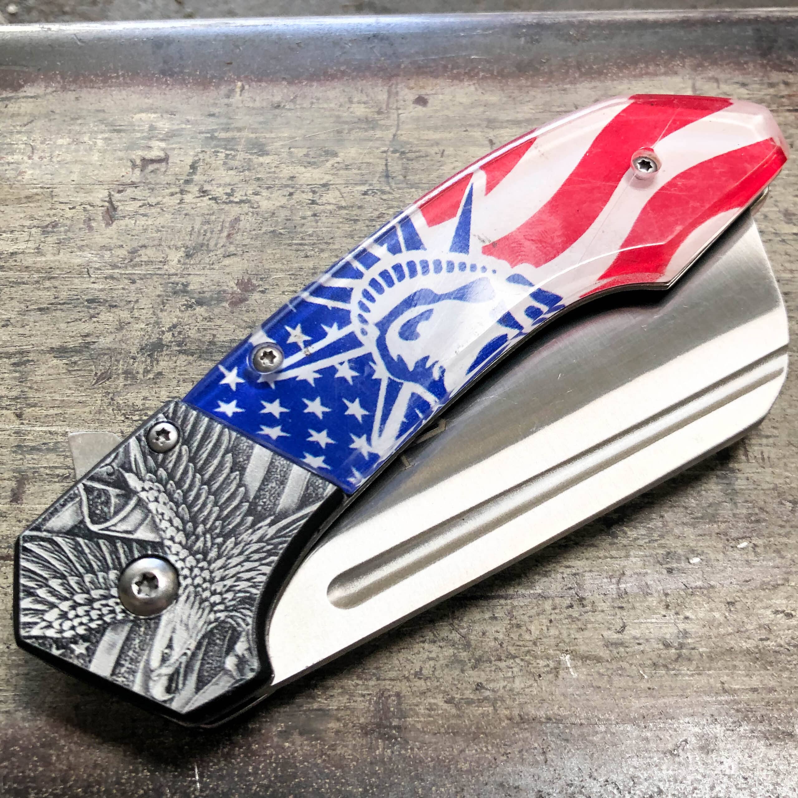 8" USA Flag Liberty Tactical Spring OPEN Assisted CLEAVER Pocket Folding Knife