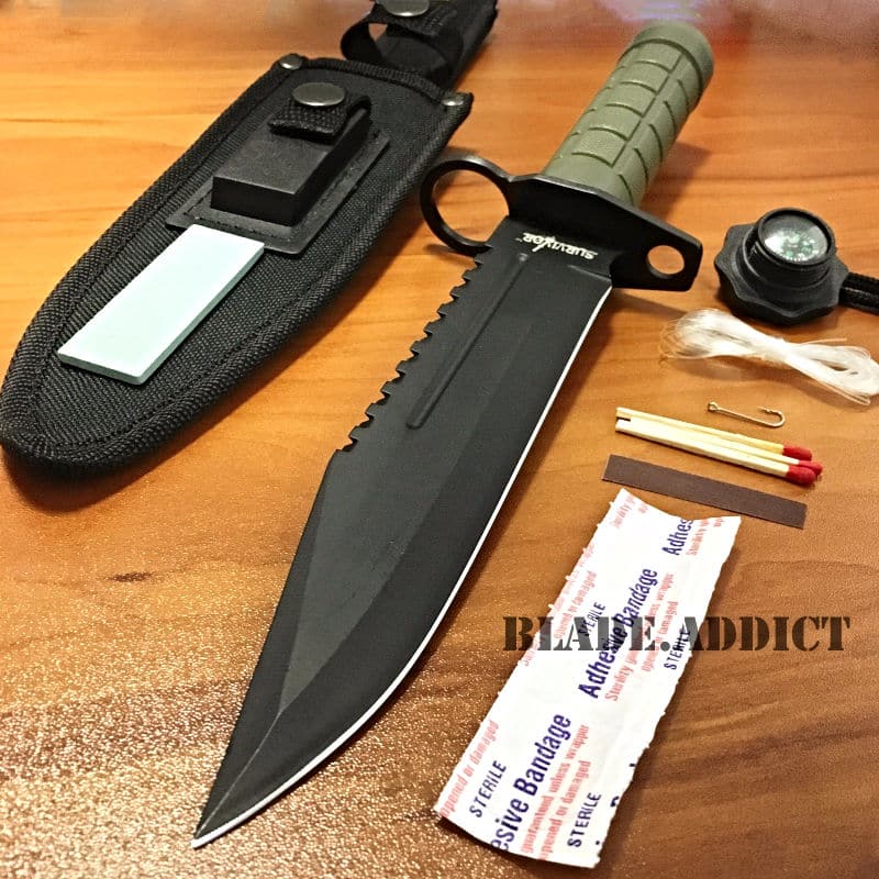 12″ Tactical Hunting Army Rambo Fixed Blade Knife Machete Bowie w Survival Kit GN