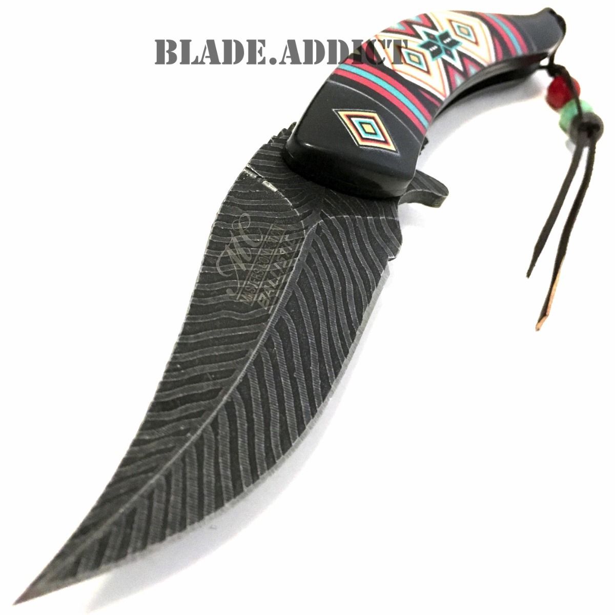 8.5" Native American Indian Spring Assisted Open Pocket Knife Damascus Feather BK