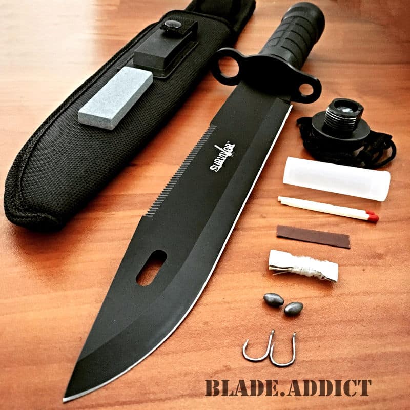 15″ Tactical Hunting Rambo Fixed Blade Knife Machete Bowie w/ Survival Kit