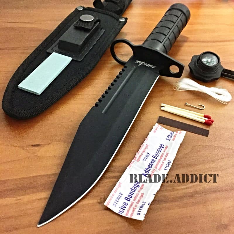 15" Tactical Hunting Rambo Fixed Blade Knife Machete Bowie w/ Survival Kit