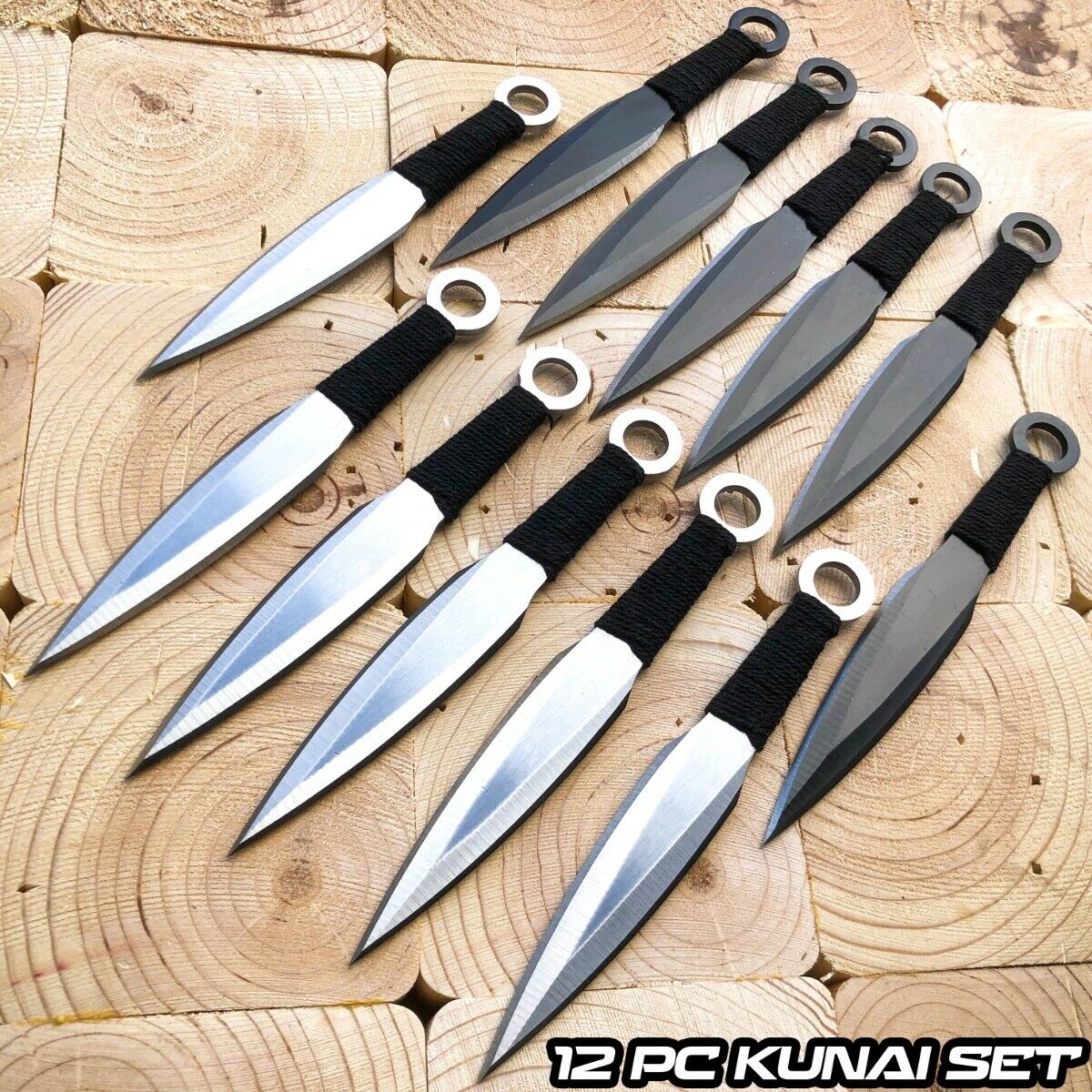 12 PC 6.75″ Black Silver Tactical Ninja Throwing Blade Knife Kunai Knives
