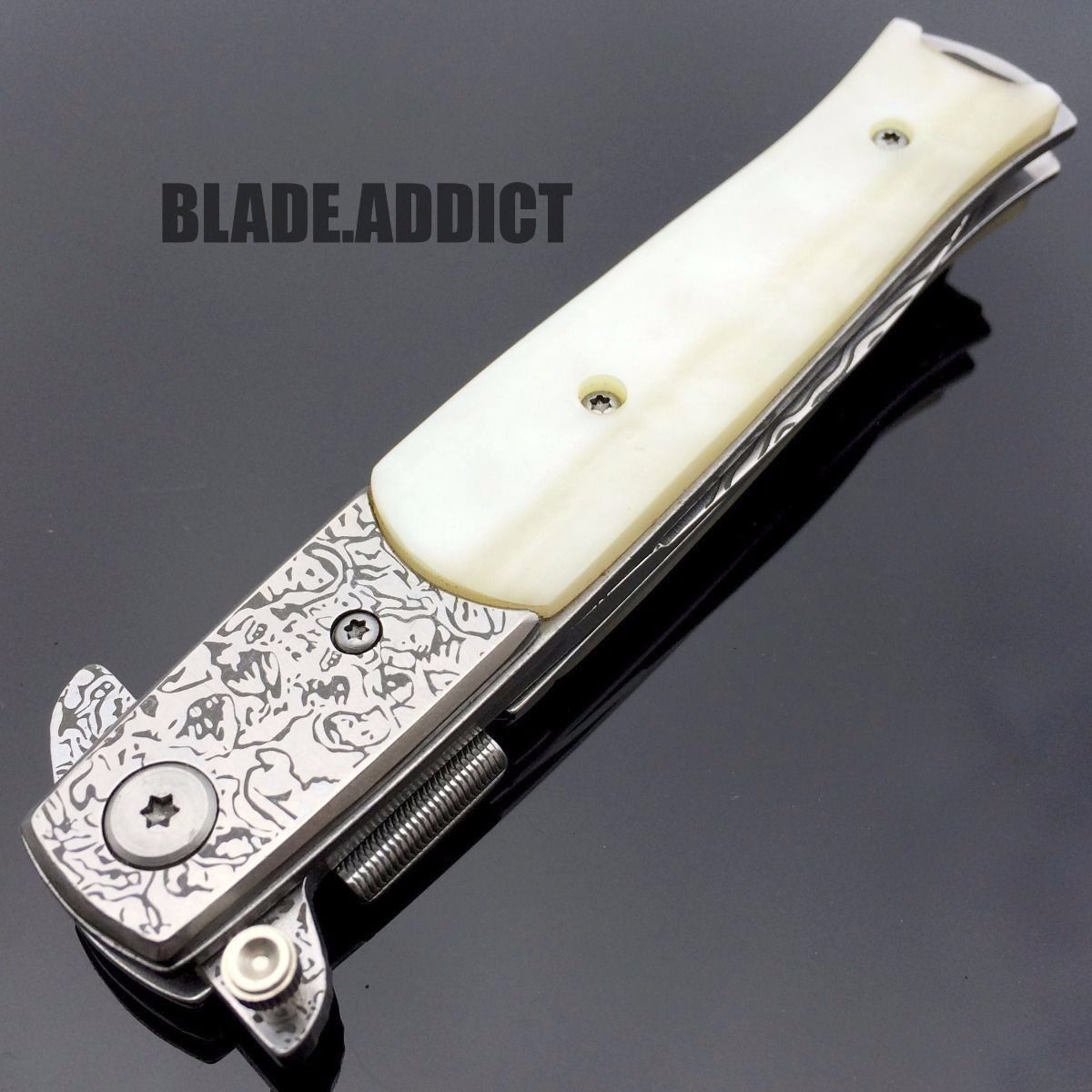 8.5" Damascus Classic Italian Stiletto Spring Assisted Open Pocket Knife Pearl