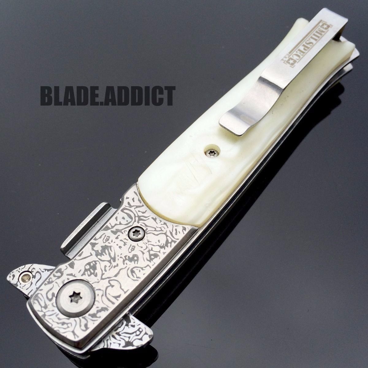8.5" Damascus Classic Italian Stiletto Spring Assisted Open Pocket Knife Pearl