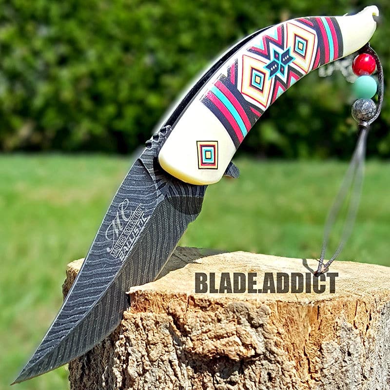 8.5″ Native American Indian Spring Assisted Open Pocket Knife Damascus Feather 6