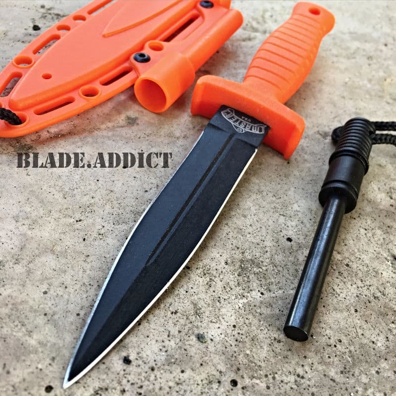 7″ Double Edge Military Tactical Hunting Dagger Boot Neck Knife + Fire Starter Orange