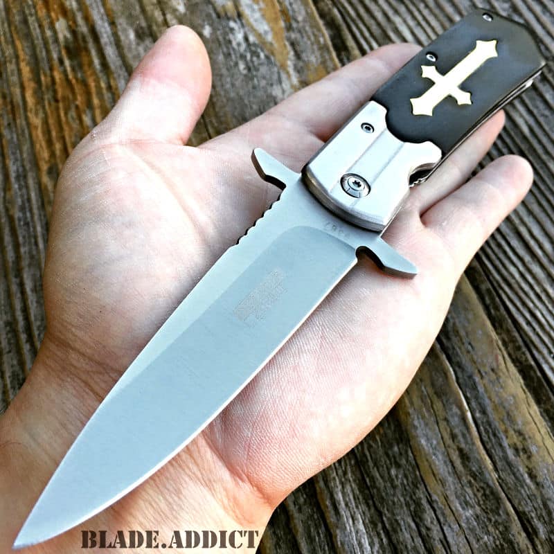9.5" STAINLESS STEEL CELTIC CROSS SPRING ASSISTED OPEN POCKET KNIFE Gothic EDC