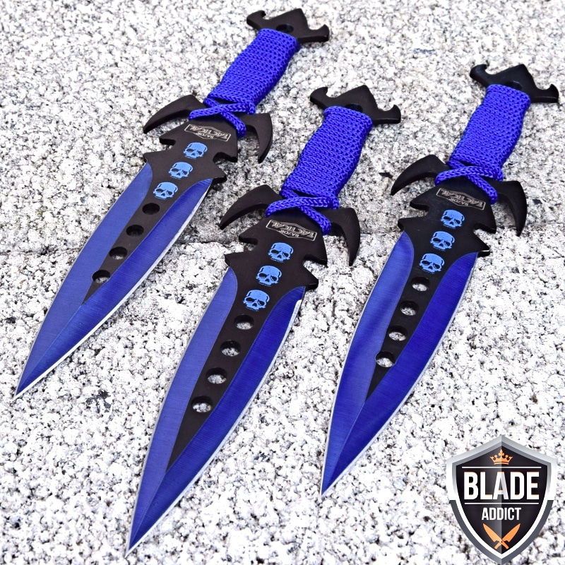 3Pc 7.5" Ninja Tactical Combat Kunai Throwing Knife Set w/Sheath BLUE Hunting