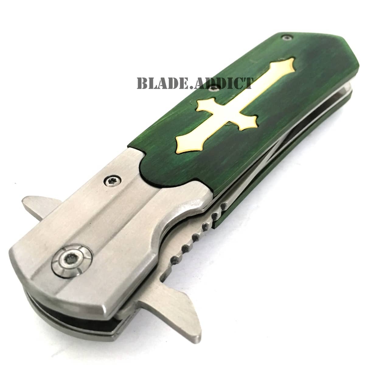 9.5 STAINLESS STEEL CELTIC CROSS SPRING ASSISTED OPEN POCKET KNIFE Gothic  EDC NEW